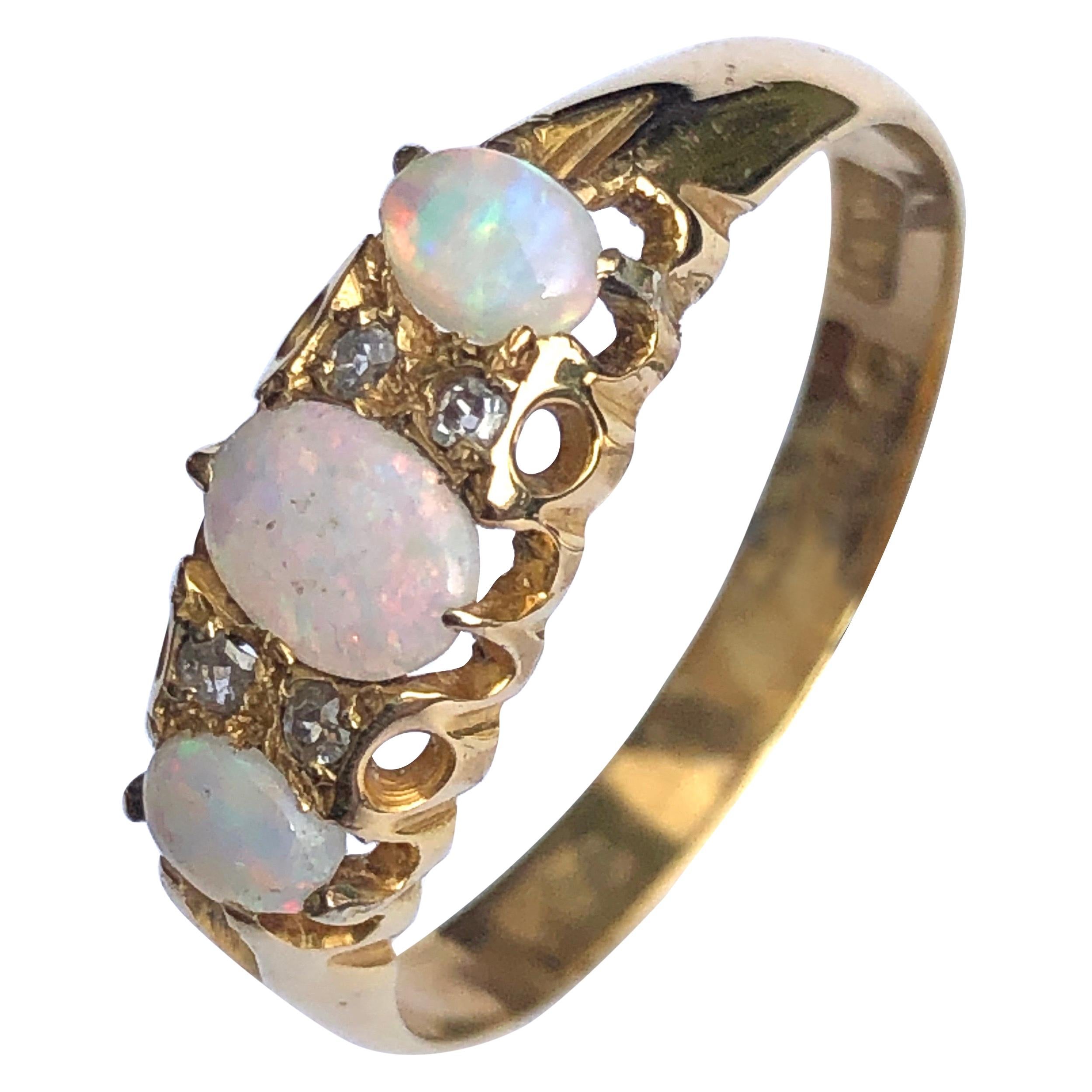 Edwardian Opal and Diamond 18 Carat Gold Three-Stone Ring