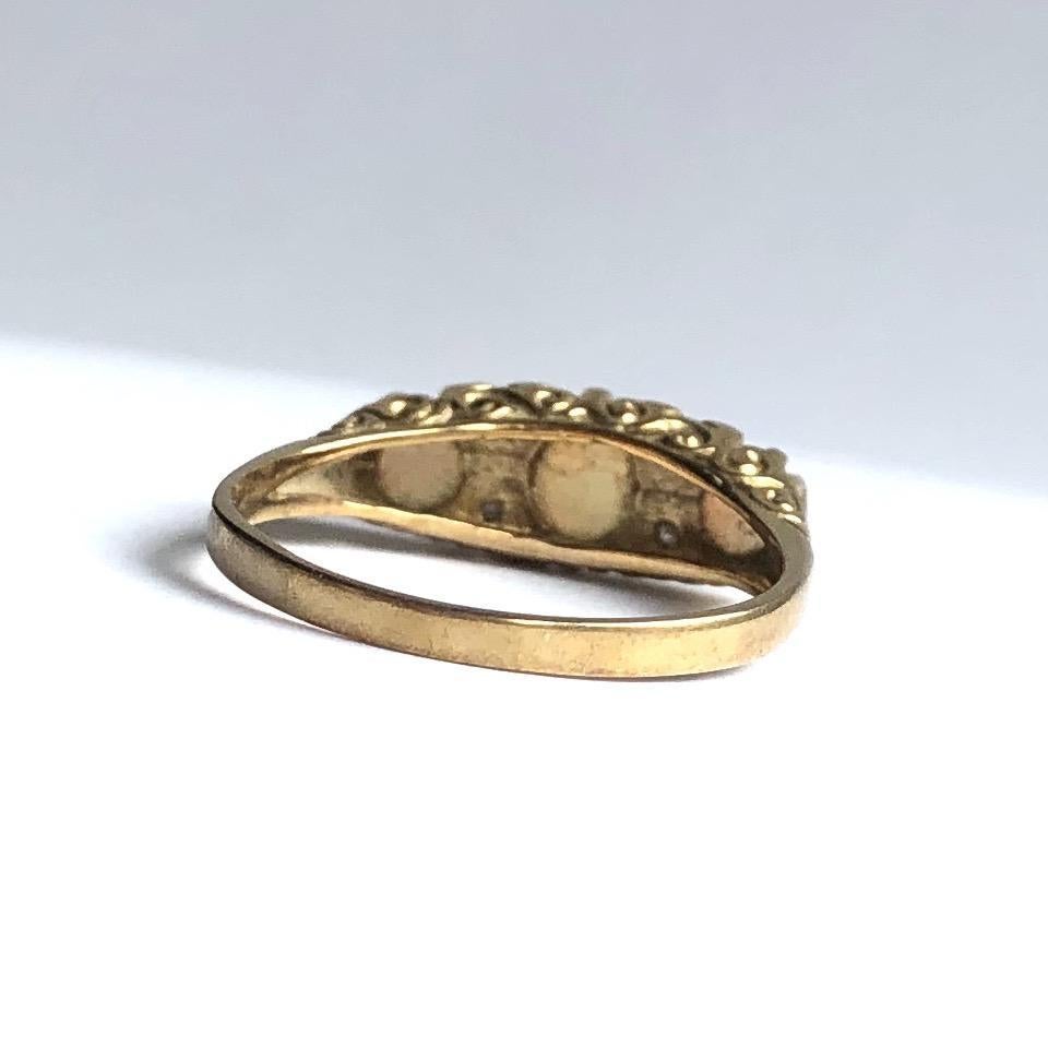 Cabochon Edwardian Opal and Diamond 9 Carat Gold Three-Stone Ring