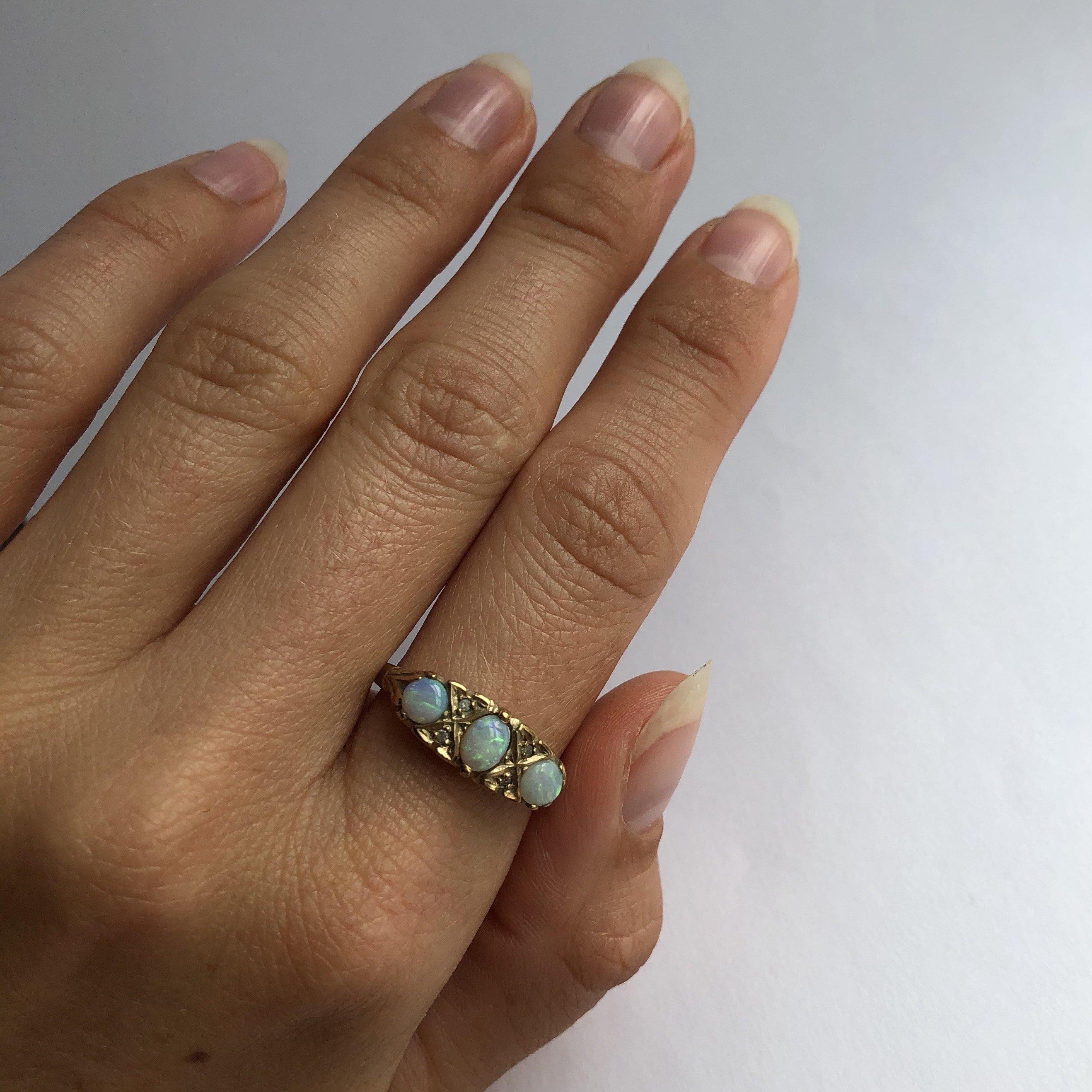 Women's Edwardian Opal and Diamond 9 Carat Gold Three-Stone Ring