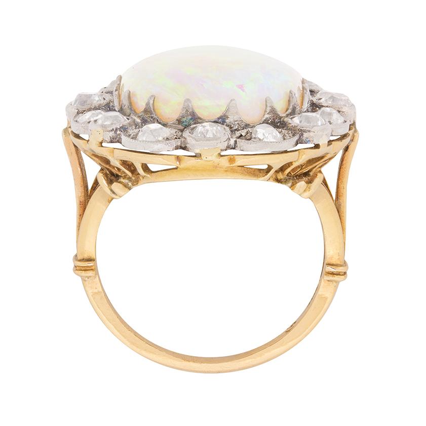 Cabochon Edwardian Opal and Diamond Cluster Ring, circa 1910 For Sale