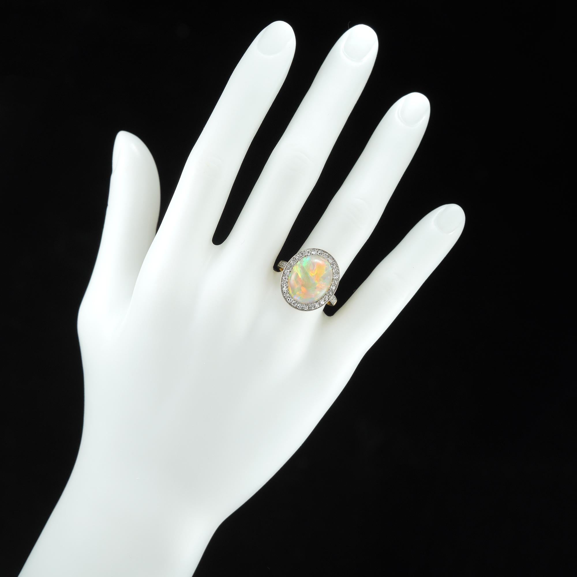 Cabochon Edwardian Opal and Diamond Cluster Ring