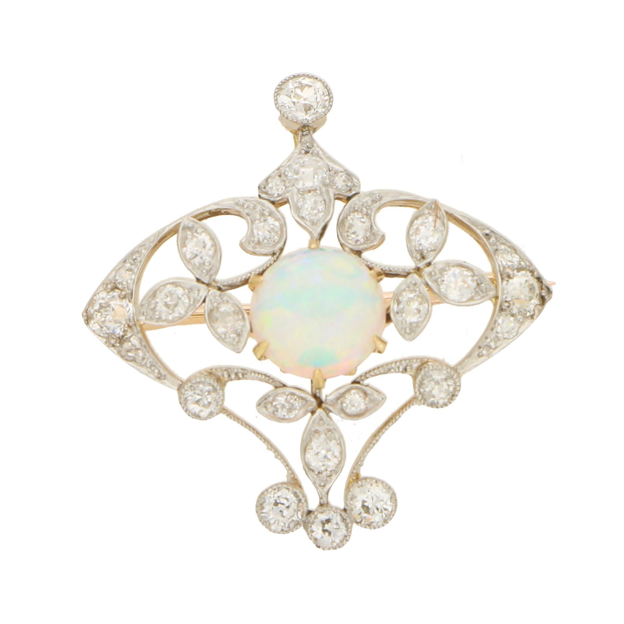 Women's or Men's Edwardian Opal and Diamond Pendant/Brooch
