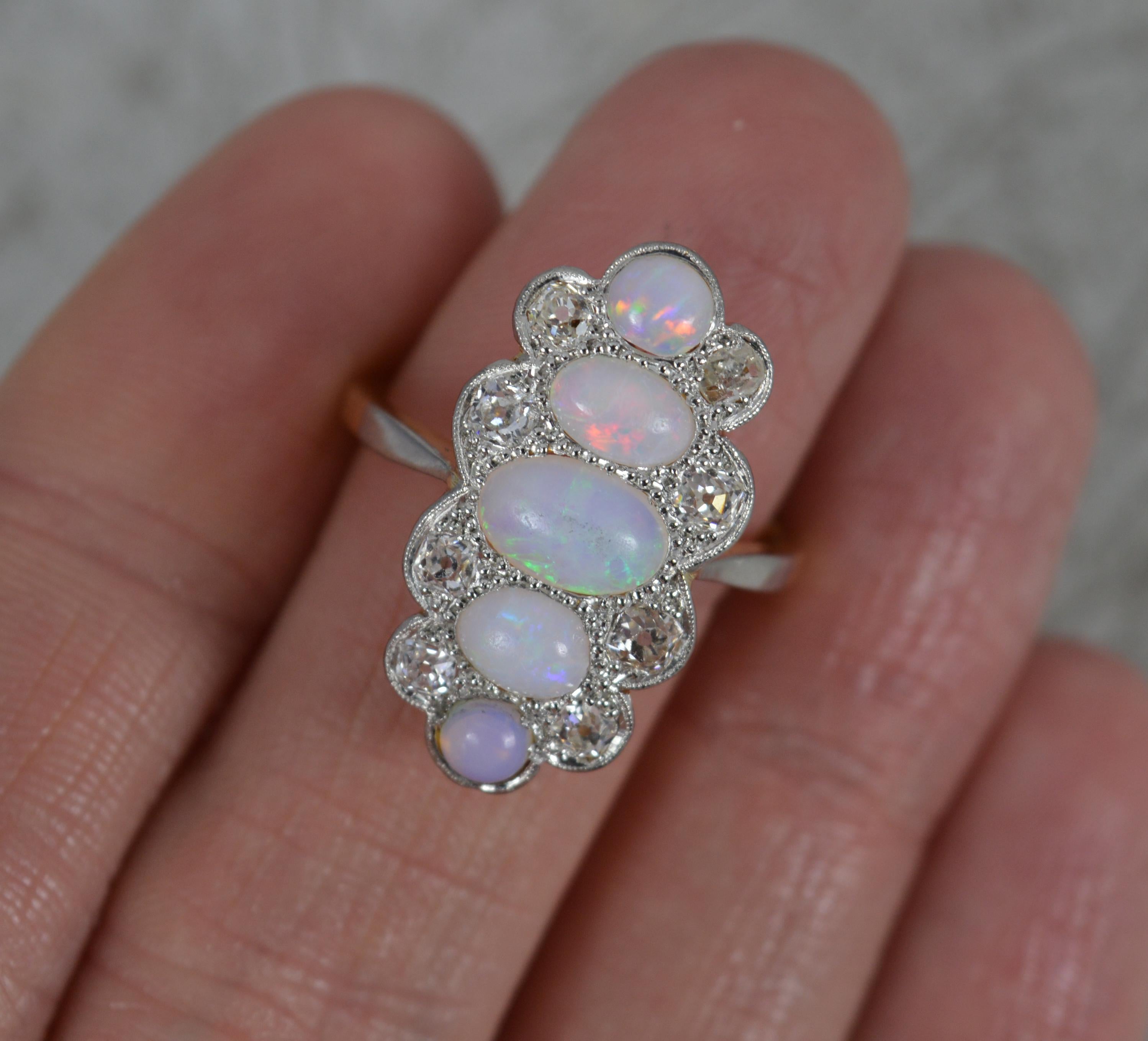 Edwardian Opal and Old Cut Diamond 18ct Gold Platinum Panel Cluster Ring 5