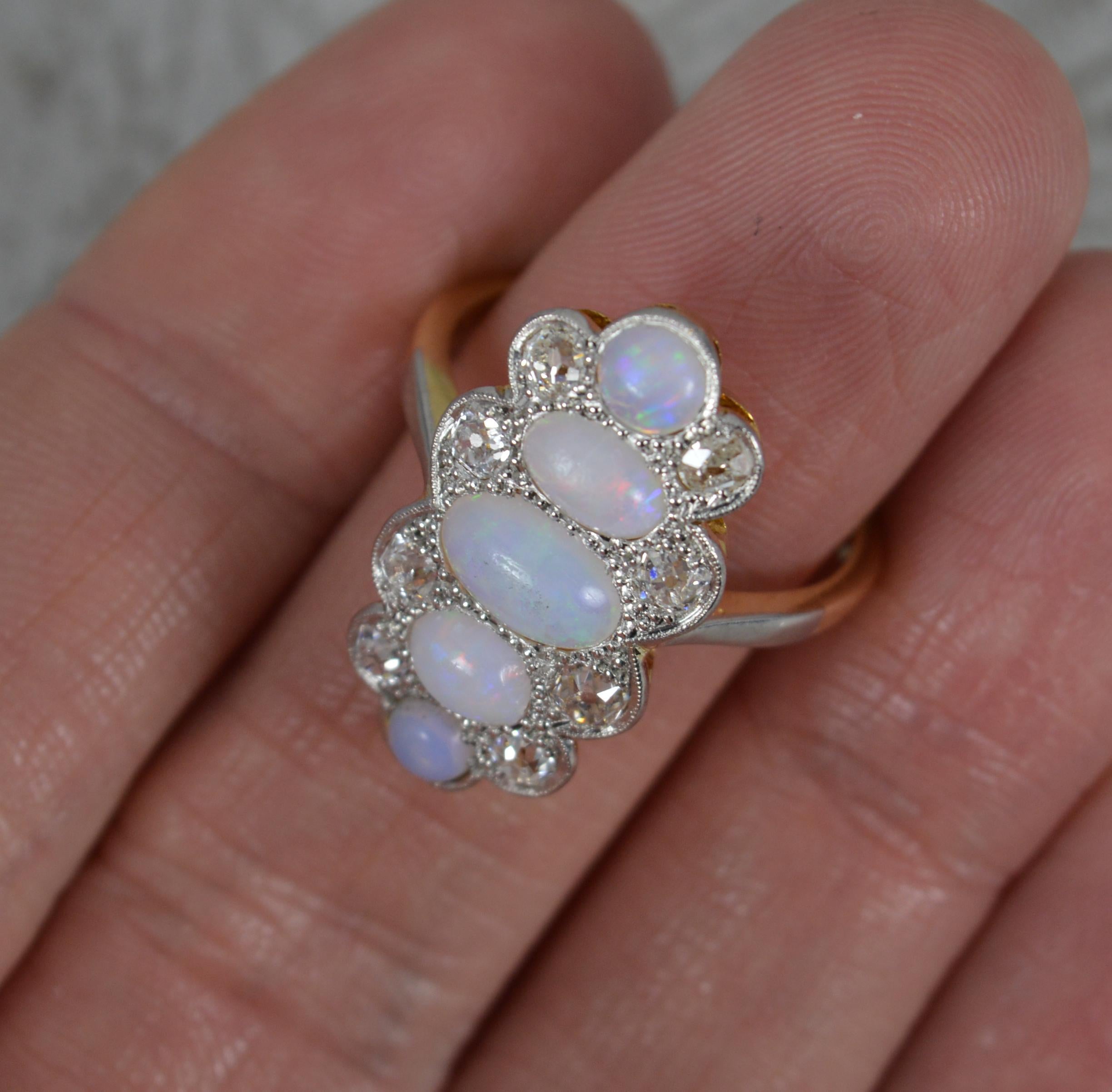 Edwardian Opal and Old Cut Diamond 18ct Gold Platinum Panel Cluster Ring 6