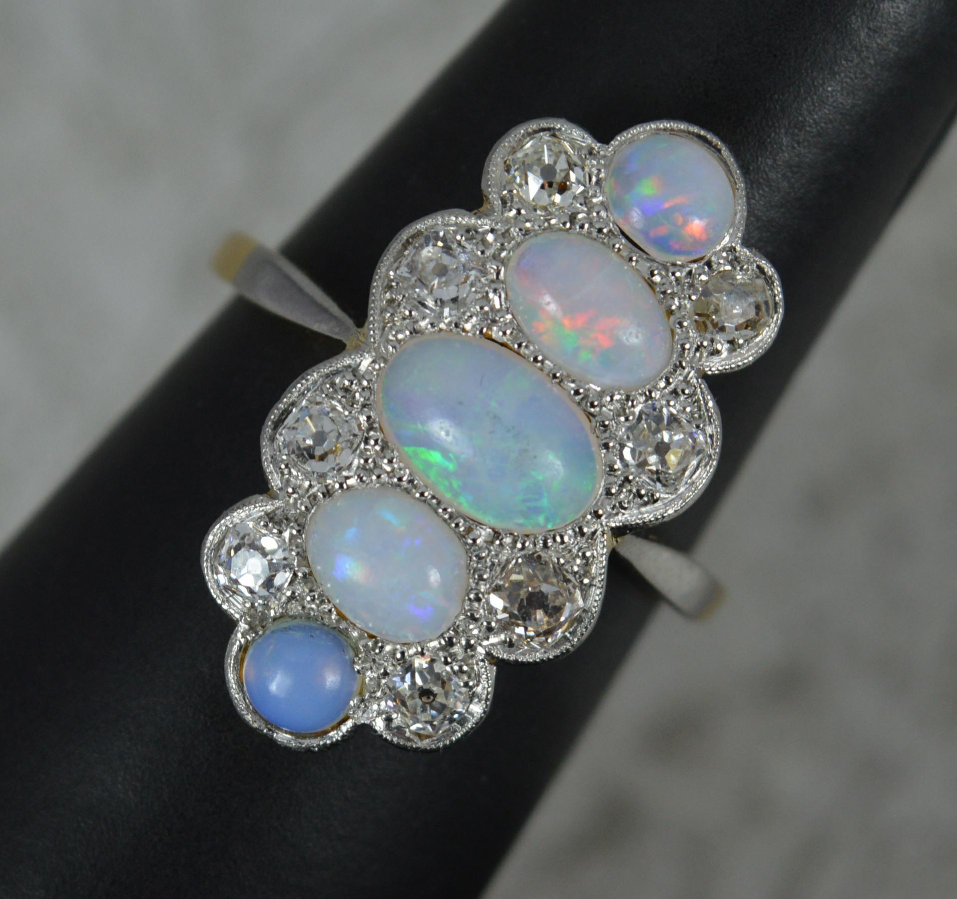Edwardian Opal and Old Cut Diamond 18ct Gold Platinum Panel Cluster Ring 8