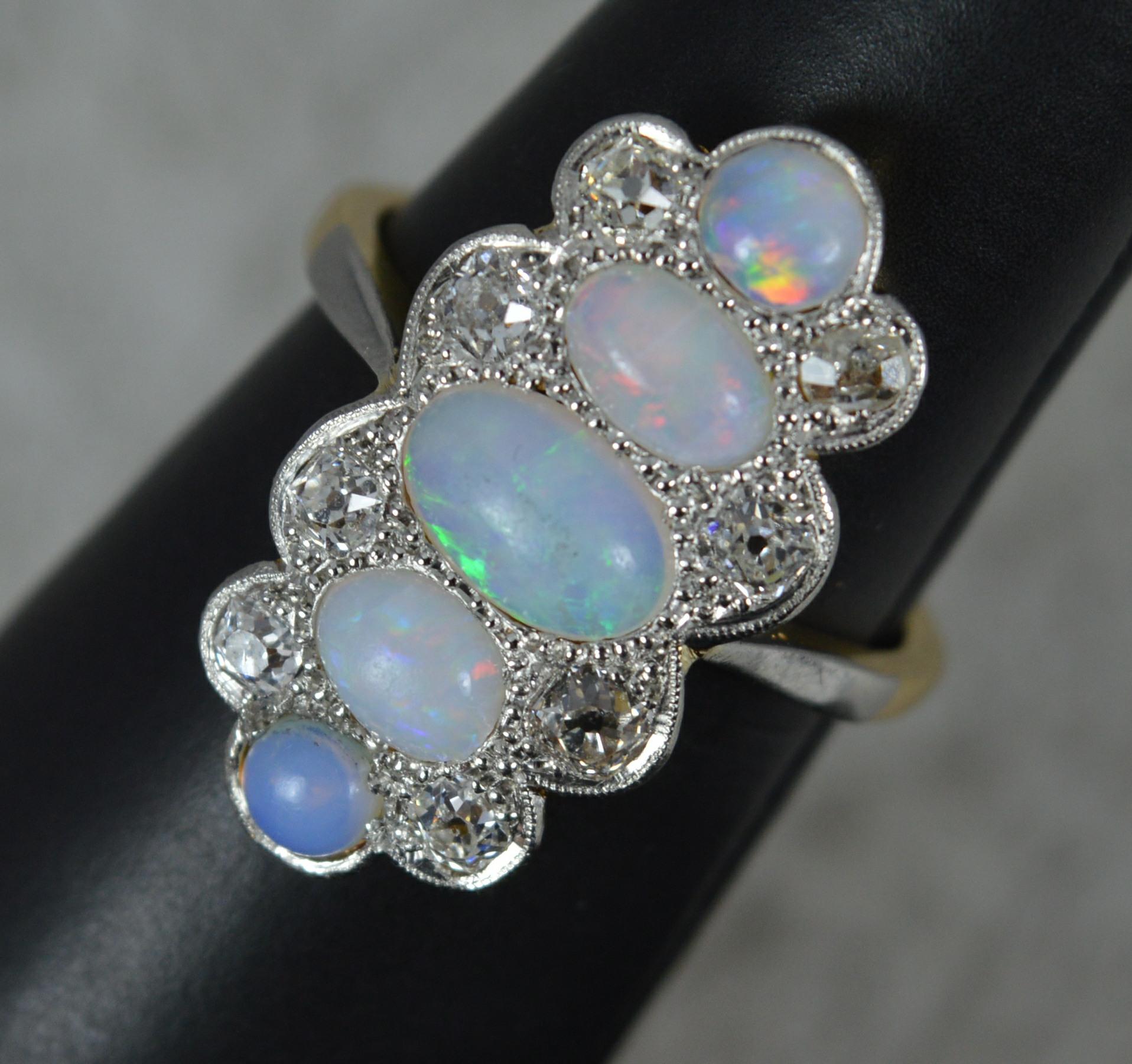 Edwardian Opal and Old Cut Diamond 18ct Gold Platinum Panel Cluster Ring 9