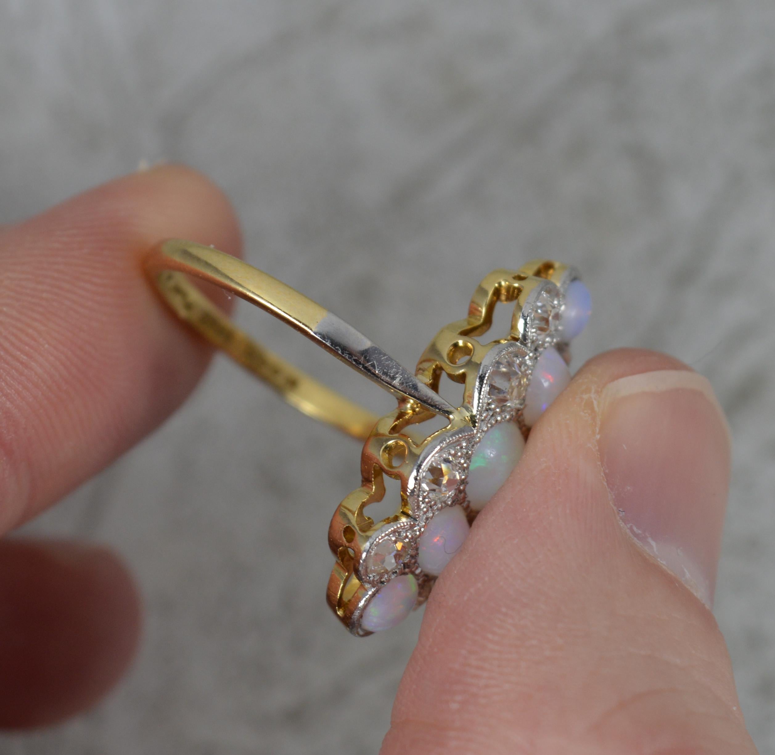 Edwardian Opal and Old Cut Diamond 18ct Gold Platinum Panel Cluster Ring 2