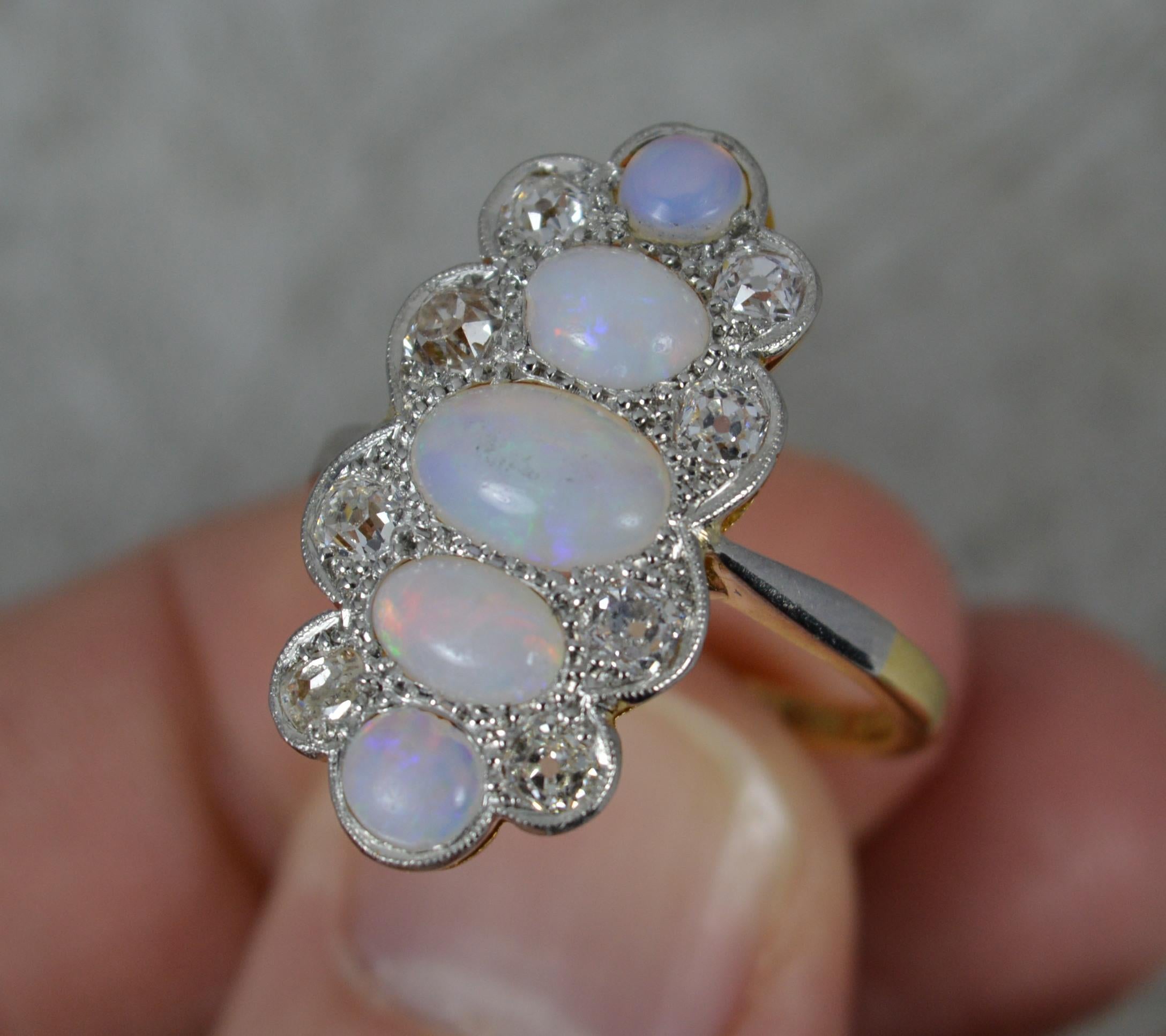 Edwardian Opal and Old Cut Diamond 18ct Gold Platinum Panel Cluster Ring 3