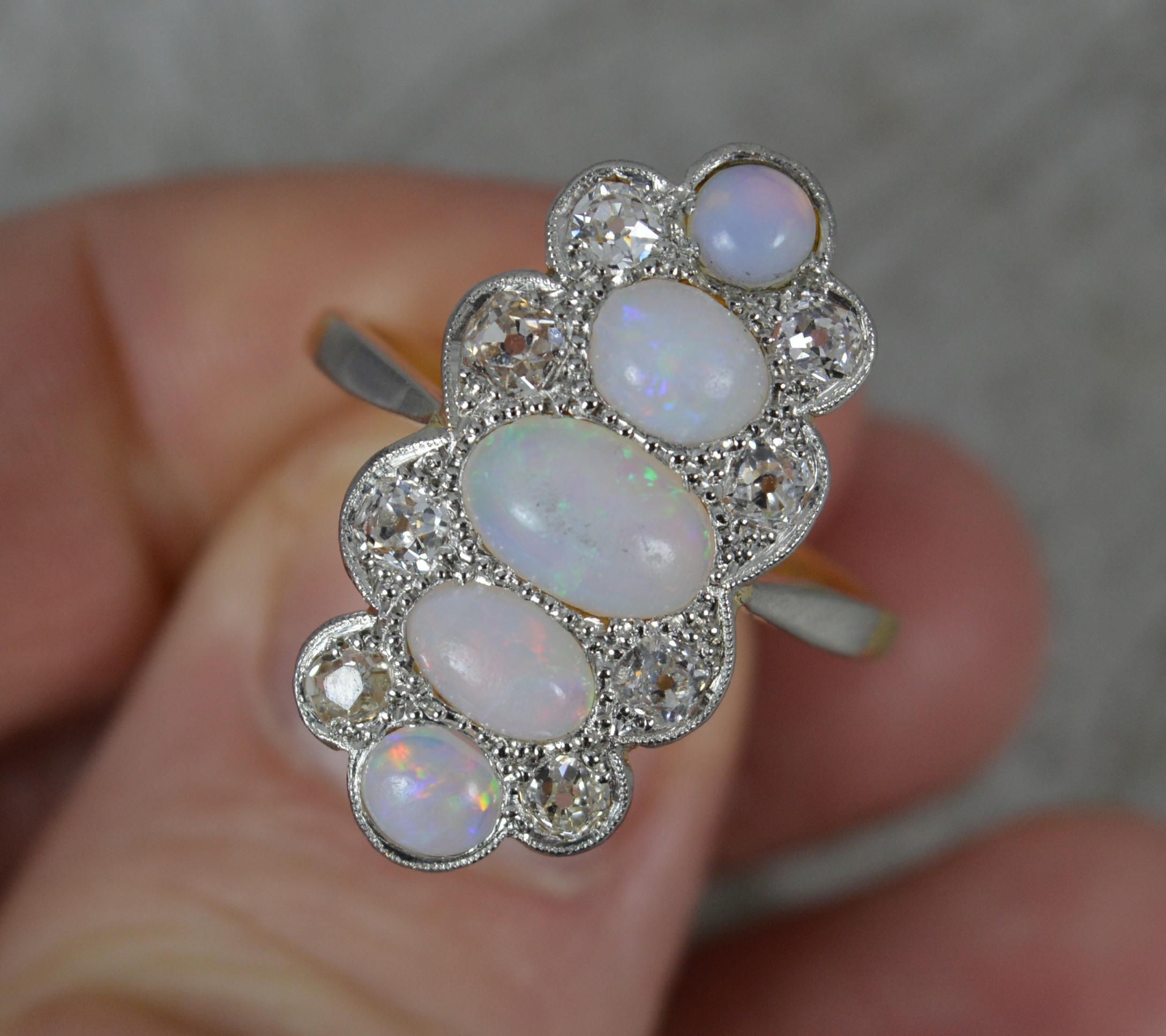 Edwardian Opal and Old Cut Diamond 18ct Gold Platinum Panel Cluster Ring 4