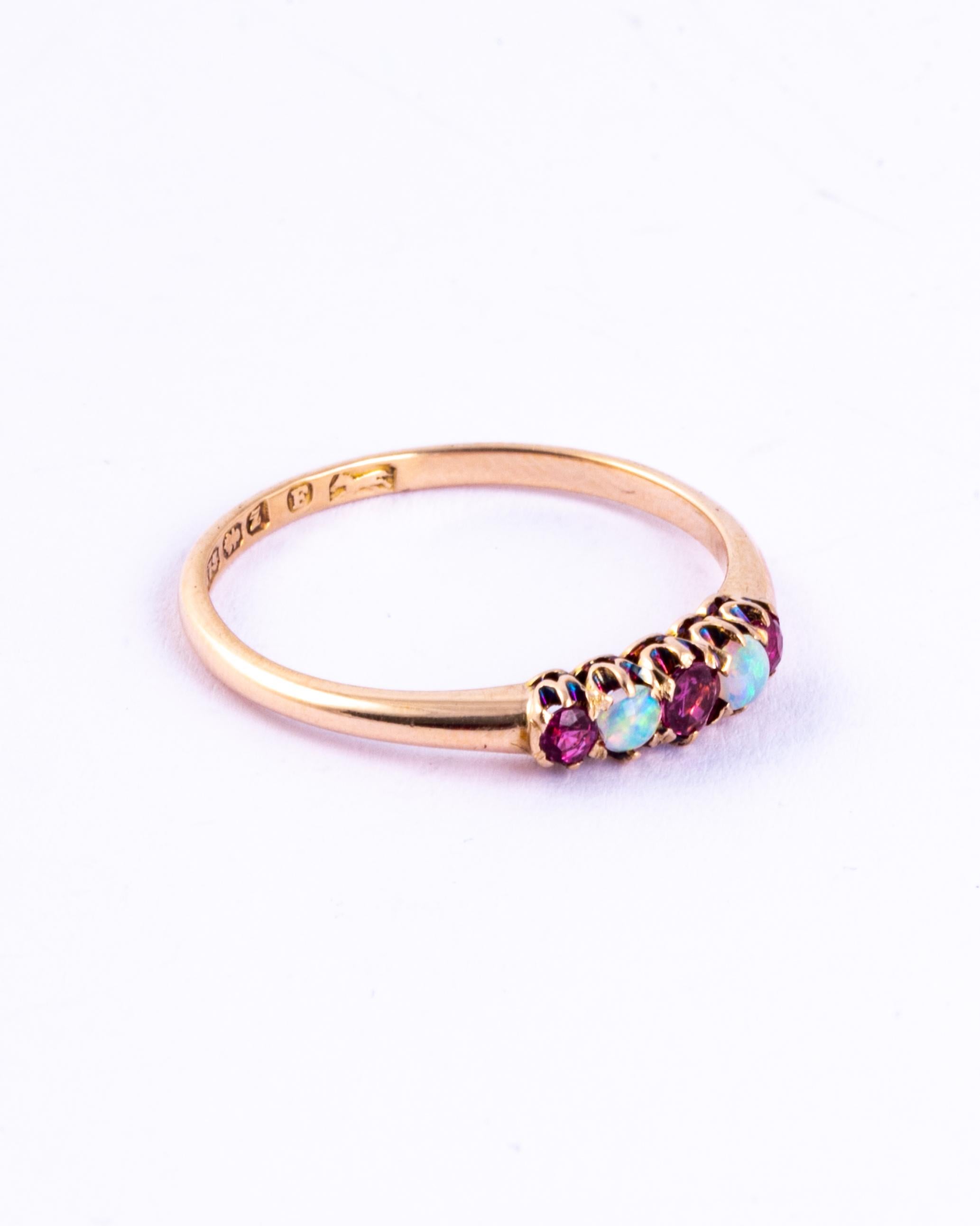 Cabochon Edwardian Opal and Ruby 9 Carat Gold Five-Stone Ring