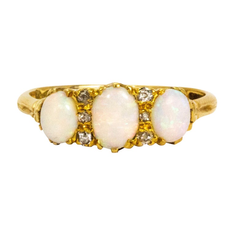Edwardian Opal Cabochon and Diamond 18 Carat Gold Three-Stone Ring at ...