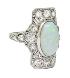 Edwardian Opal Cabochon Diamond Platinum Gemstone Dinner Ring