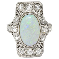 Edwardian Opal Cabochon Diamond Platinum Gemstone Dinner Ring