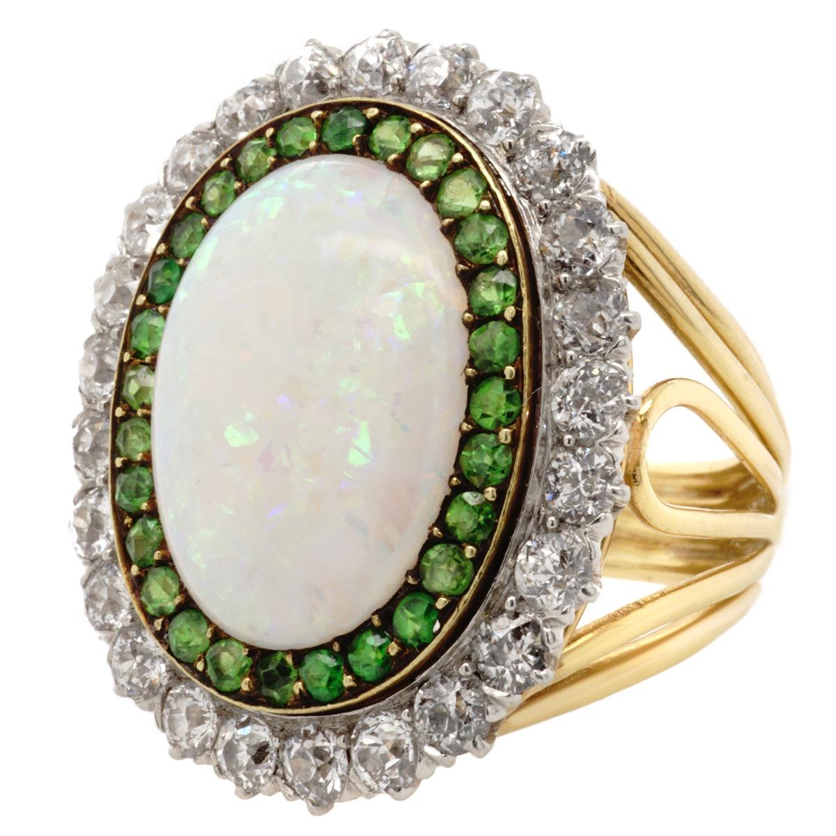 Edwardian Opal, Diamond and Demantoid Gold Ring In Good Condition In New York, NY