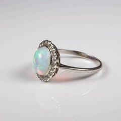 Edwardian Opal Diamond Cluster Platinum Ring