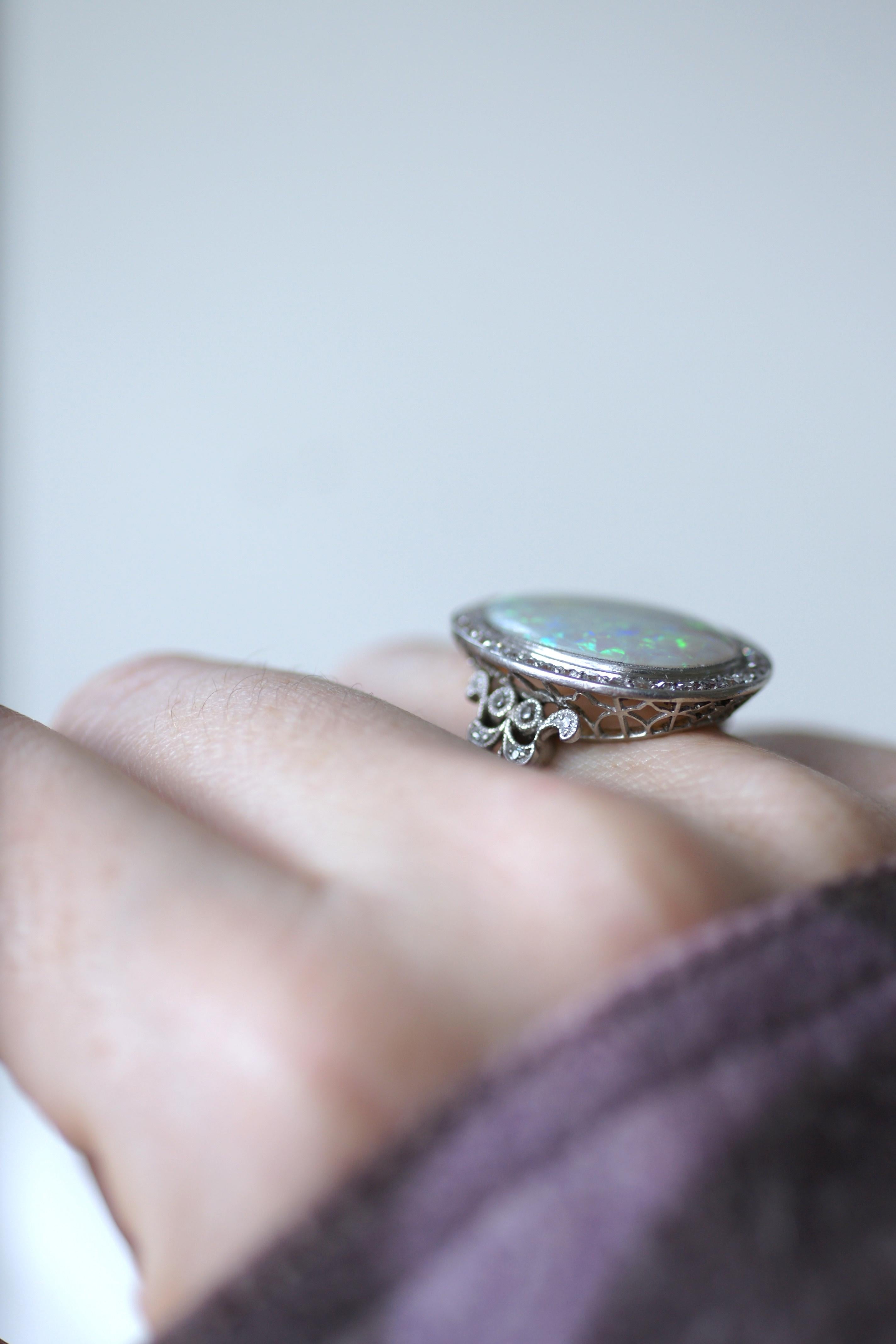 Edwardian Opal & Diamond Cluster Ring On Platinum For Sale 5