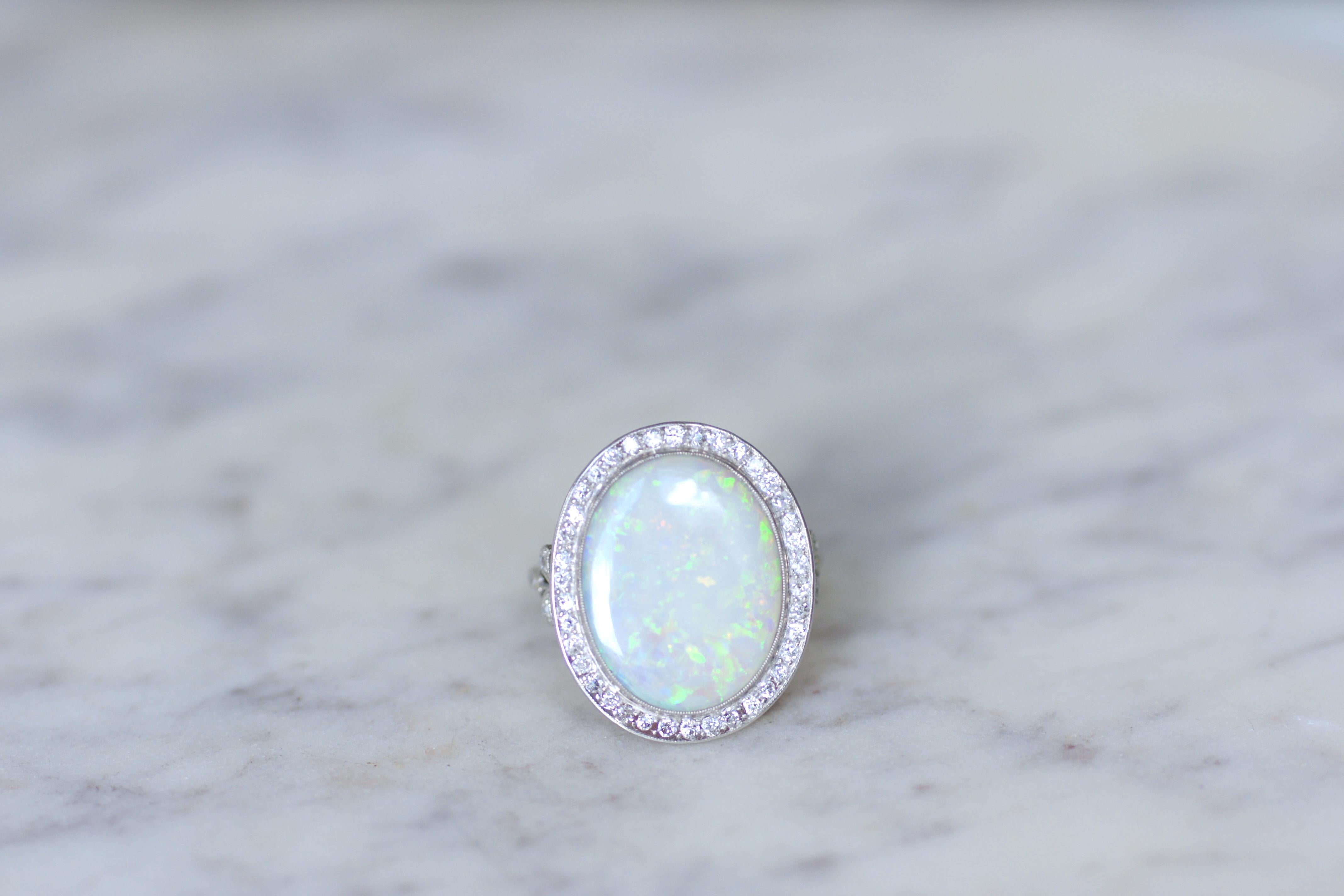 Cabochon Edwardian Opal & Diamond Cluster Ring On Platinum For Sale