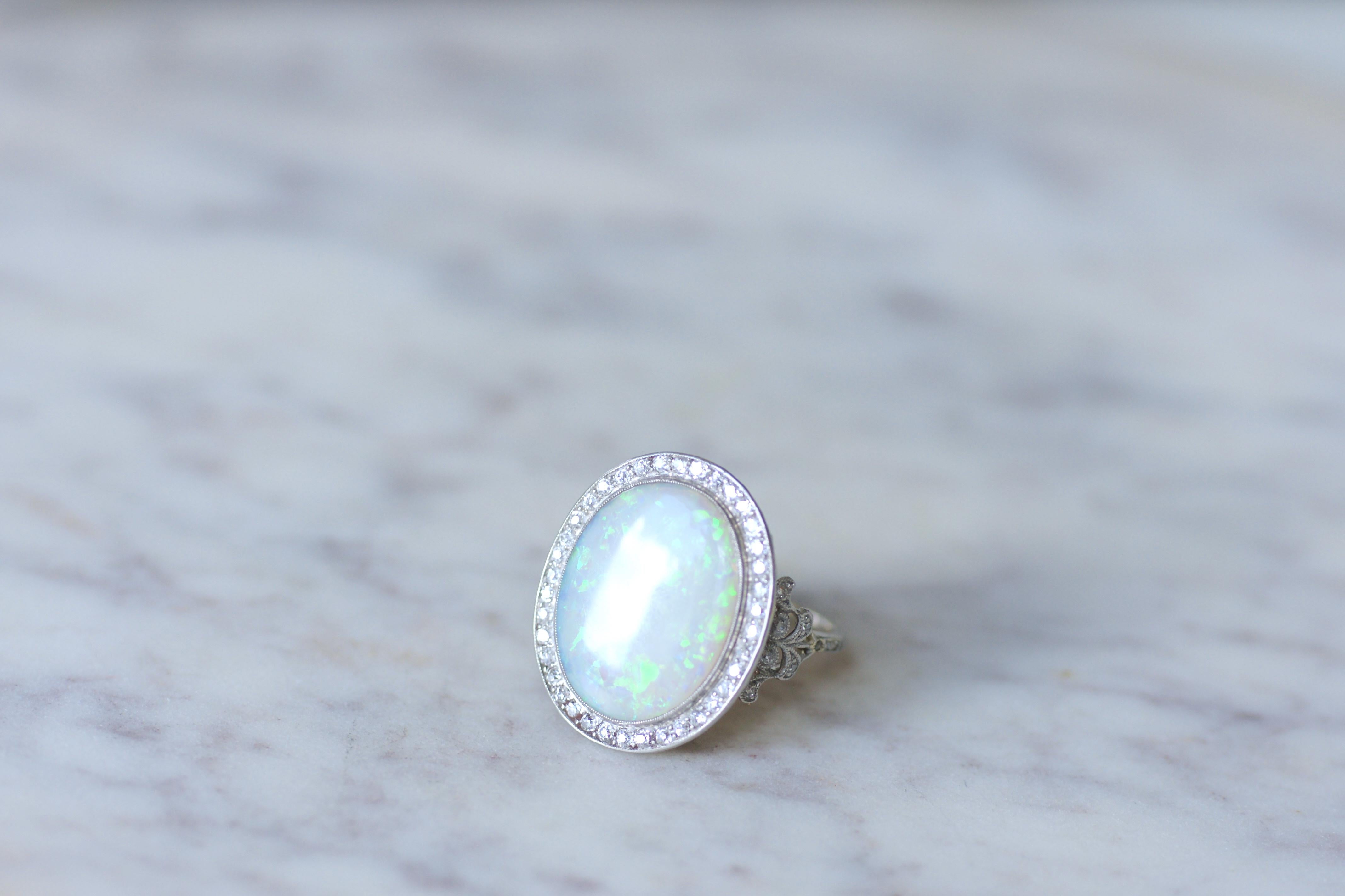 Women's Edwardian Opal & Diamond Cluster Ring On Platinum For Sale