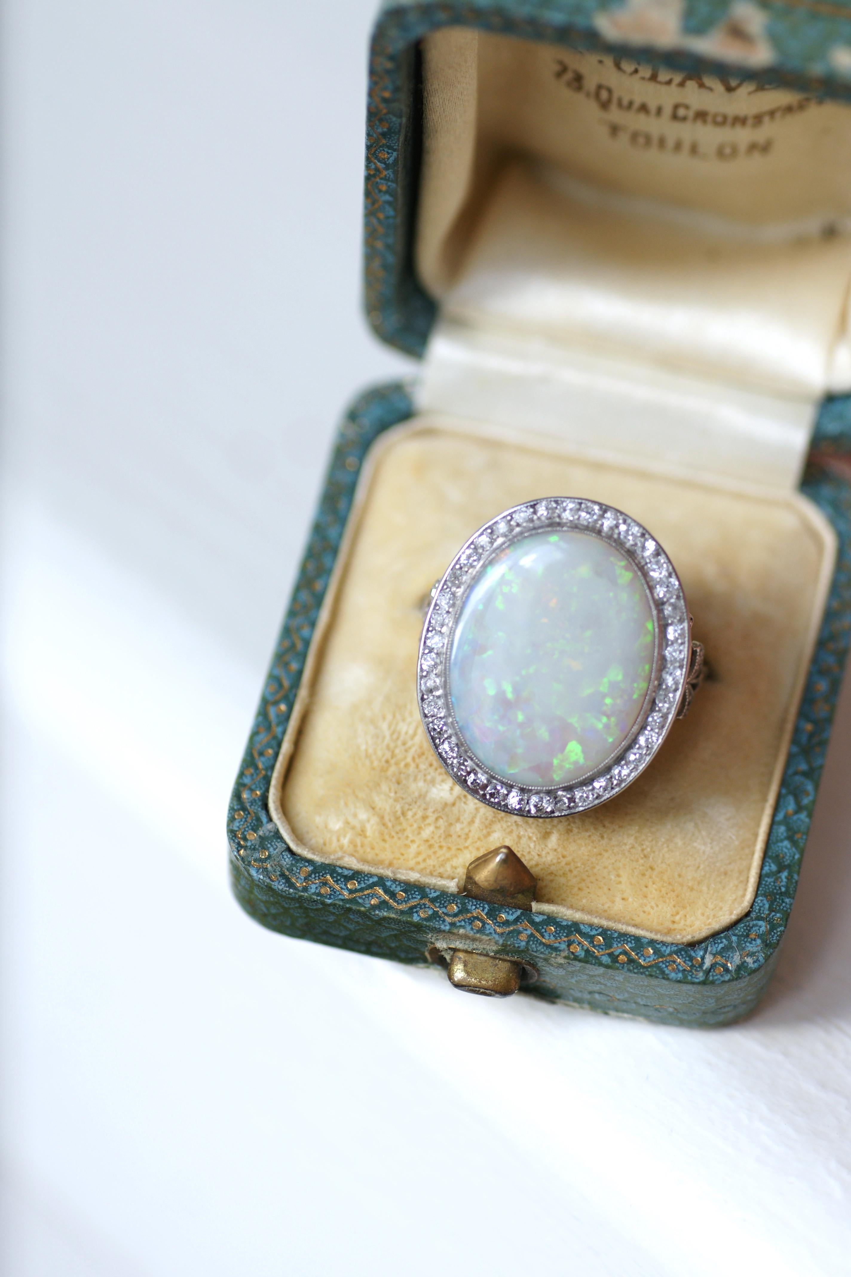 Edwardian Opal & Diamond Cluster Ring On Platinum For Sale 4