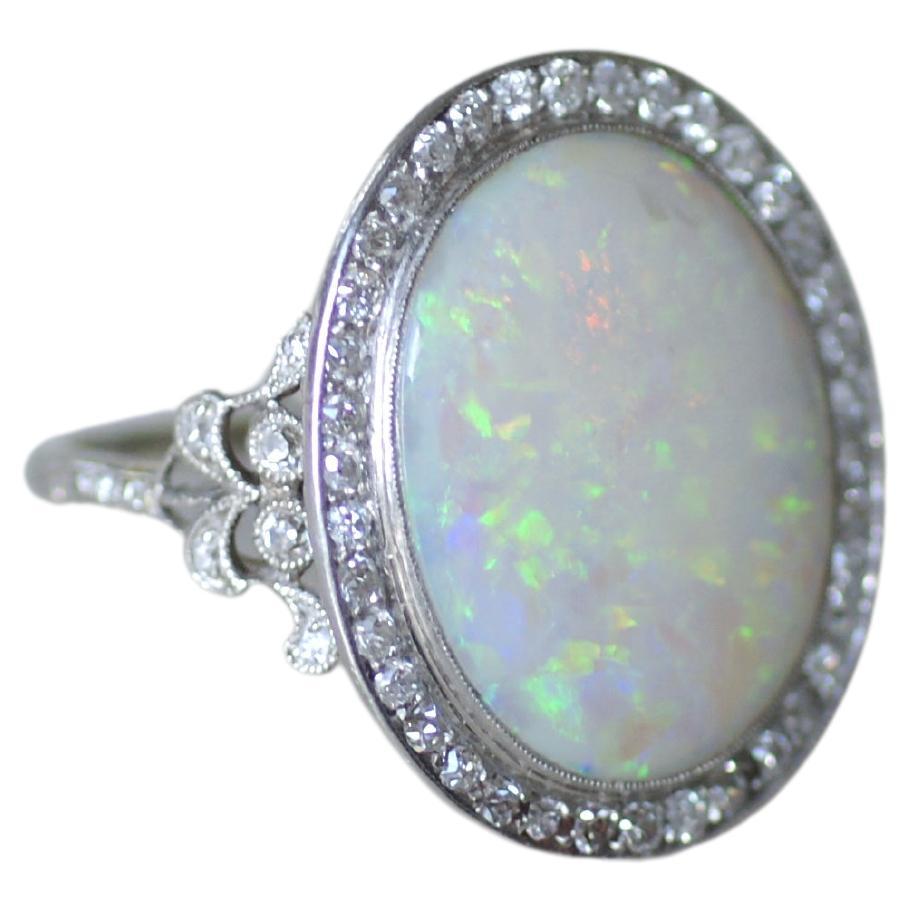 Edwardian Opal & Diamond Cluster Ring On Platinum For Sale