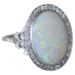 Antique Edwardian Opal & Diamond Cluster Ring On Platinum