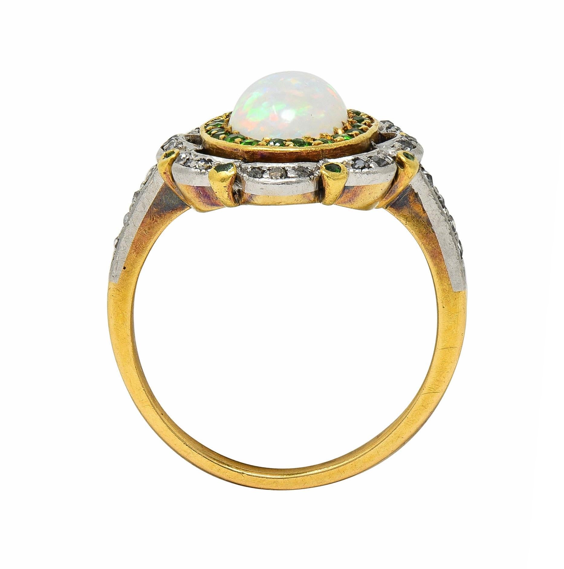 Edwardian Opal Diamond Demantoid Garnet Platinum 18 Karat Gold Antique Ring For Sale 5