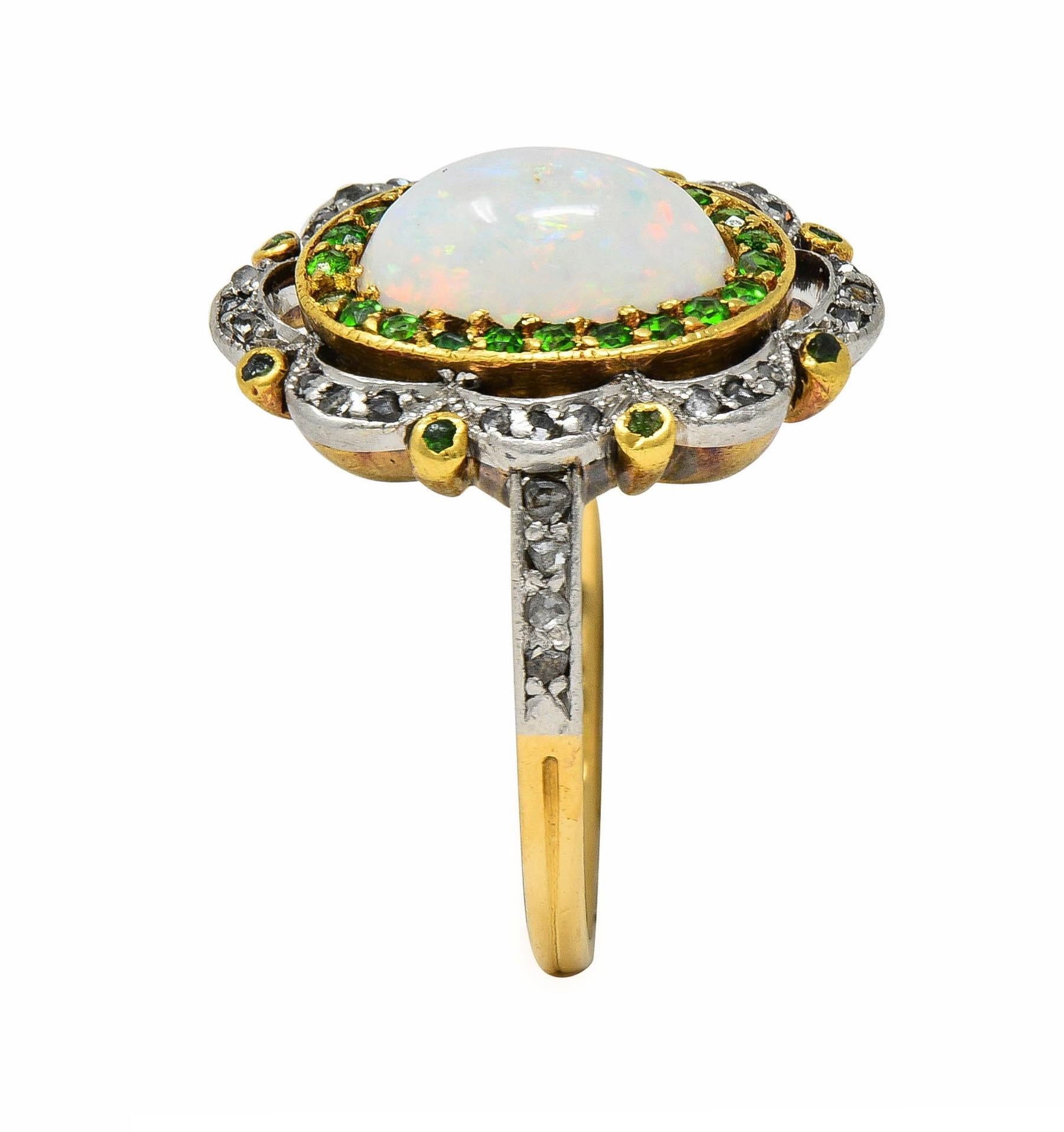 Edwardian Opal Diamond Demantoid Garnet Platinum 18 Karat Gold Antique Ring For Sale 6