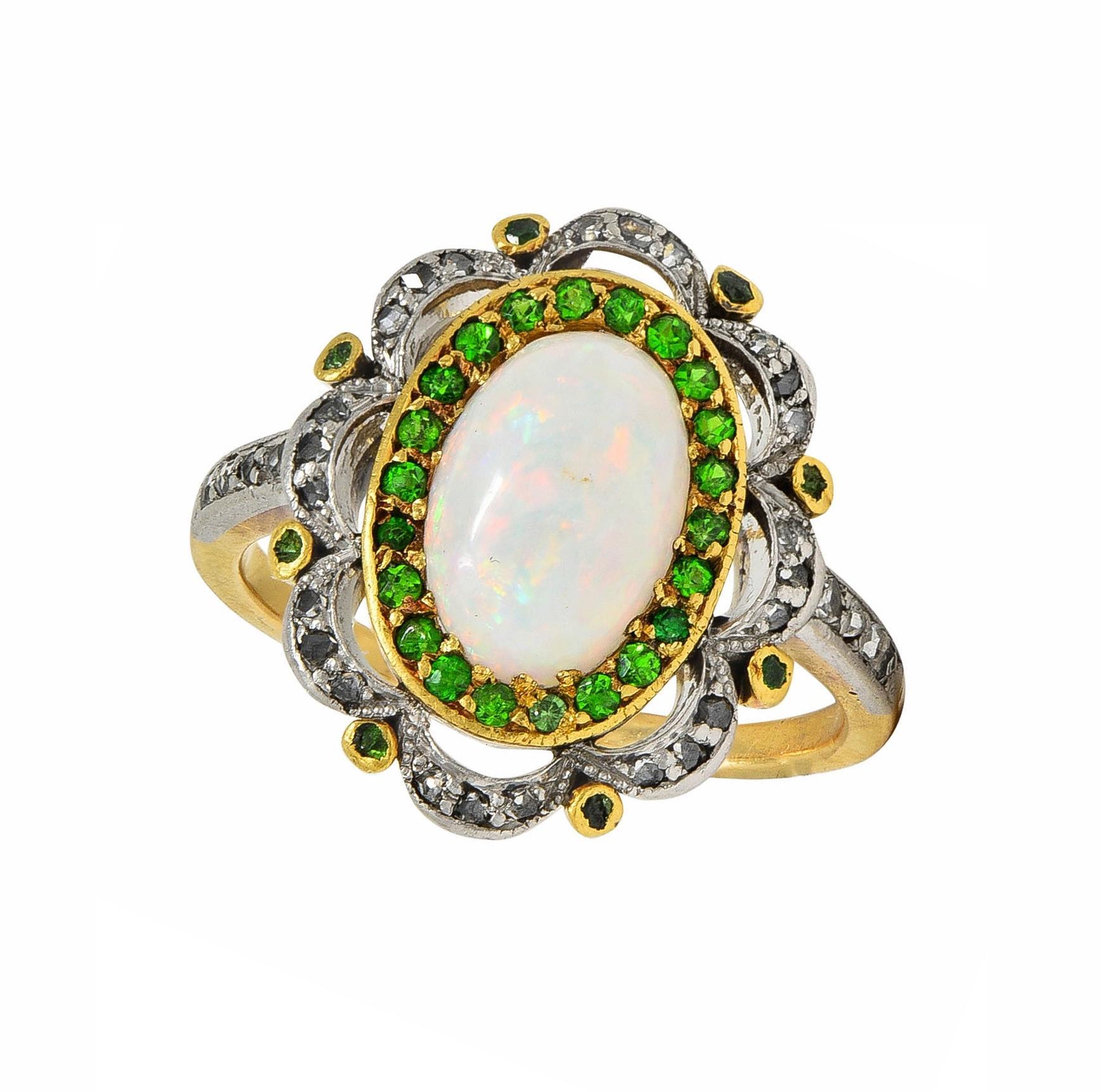 Antiker edwardianischer Opal Diamant Demantoid Granat Platin 18 Karat Gold Antiker Ring im Angebot 6