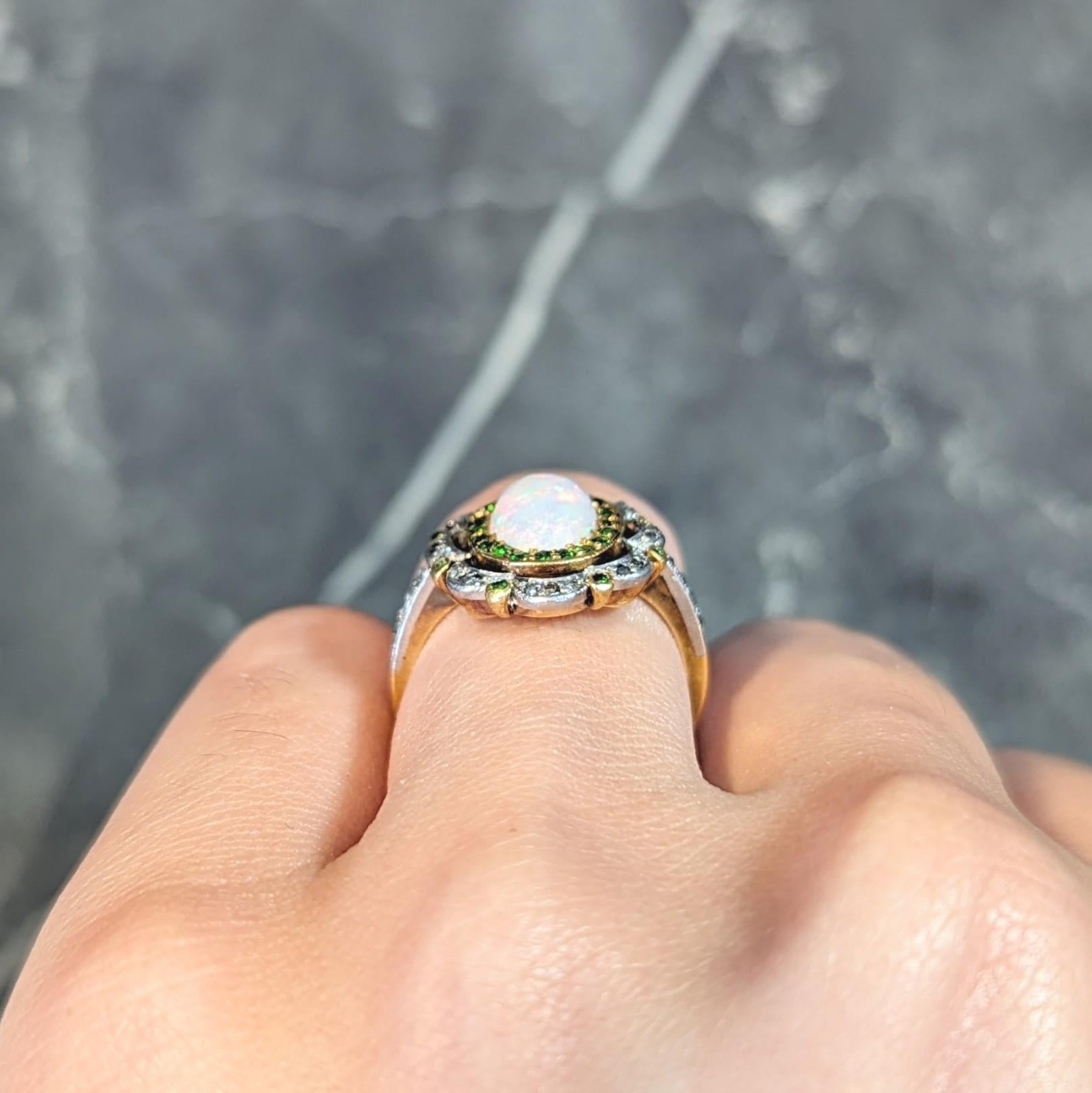 Antiker edwardianischer Opal Diamant Demantoid Granat Platin 18 Karat Gold Antiker Ring im Angebot 7