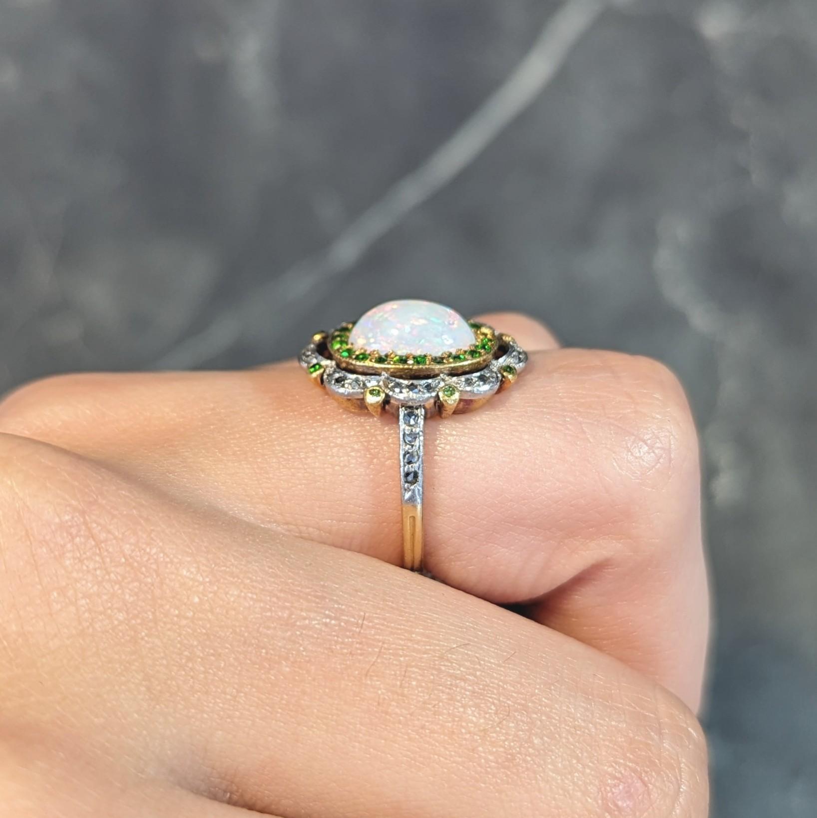 Antiker edwardianischer Opal Diamant Demantoid Granat Platin 18 Karat Gold Antiker Ring im Angebot 8