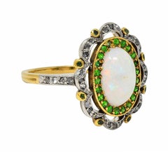 Edwardian Opal Diamond Demantoid Garnet Platinum 18 Karat Gold Antique Ring