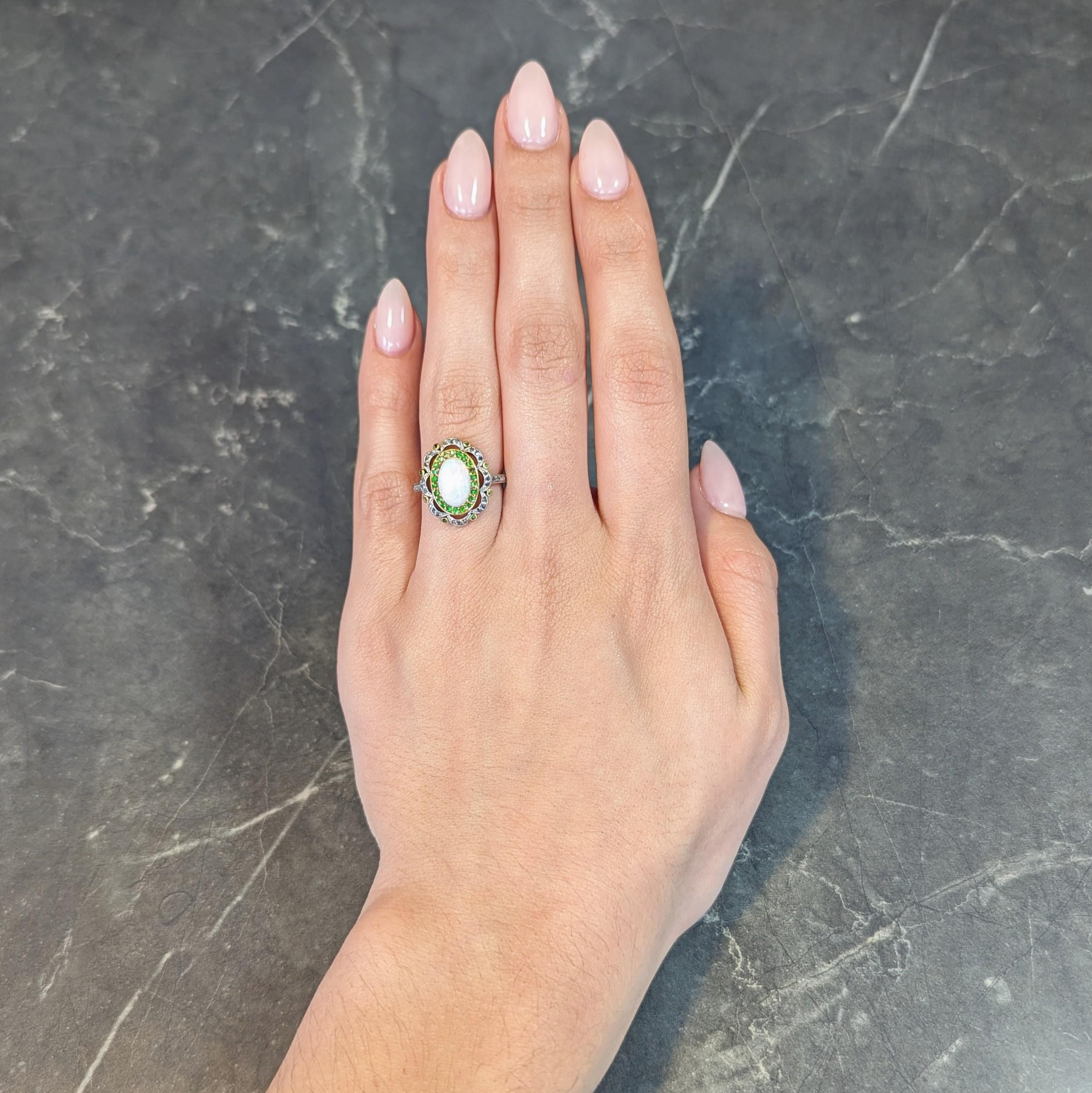 Round Cut Edwardian Opal Diamond Demantoid Garnet Platinum 18 Karat Gold Antique Ring For Sale