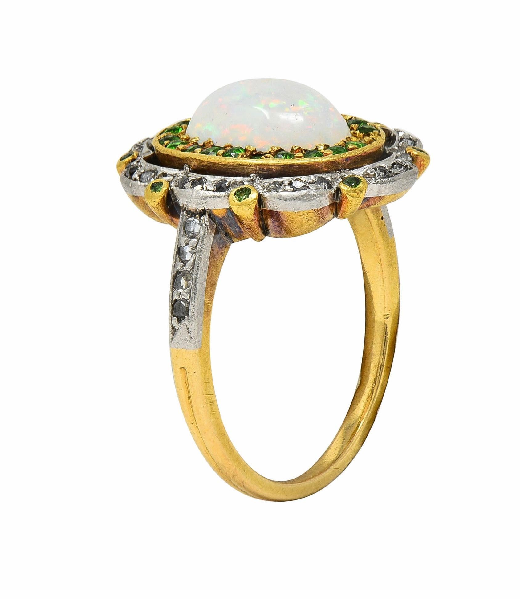 Edwardian Opal Diamond Demantoid Garnet Platinum 18 Karat Gold Antique Ring In Excellent Condition For Sale In Philadelphia, PA