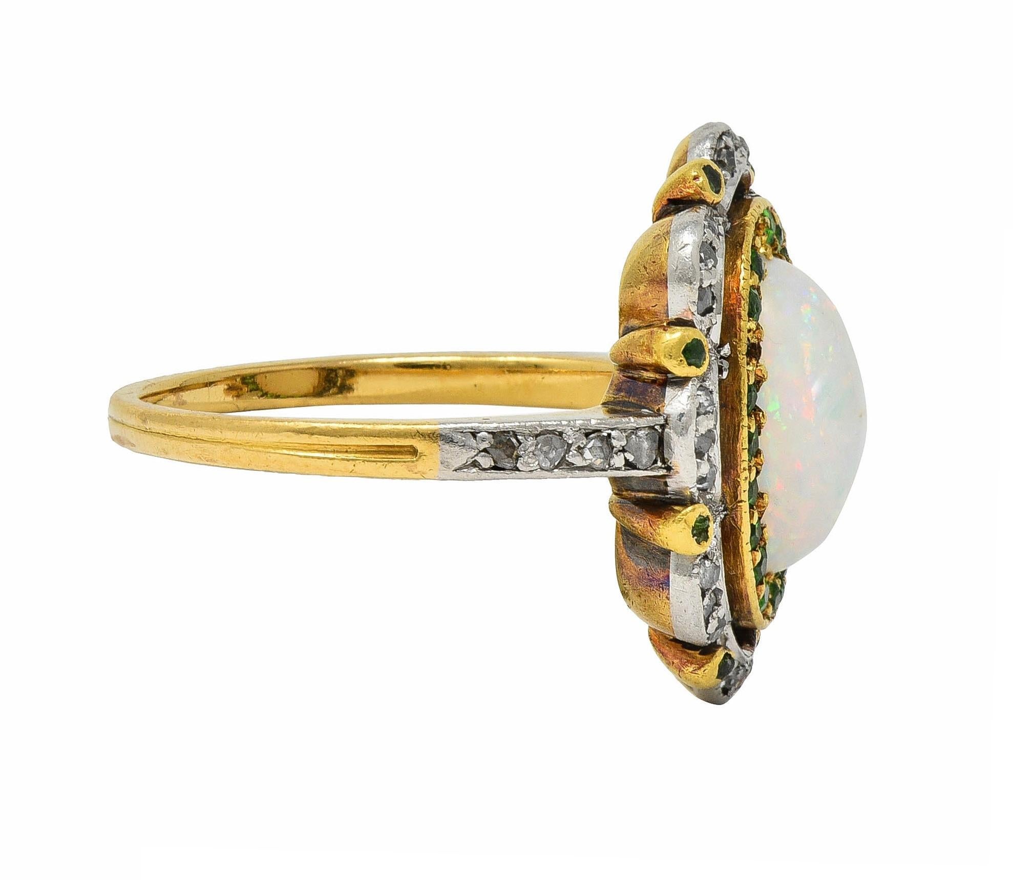 Women's or Men's Edwardian Opal Diamond Demantoid Garnet Platinum 18 Karat Gold Antique Ring For Sale