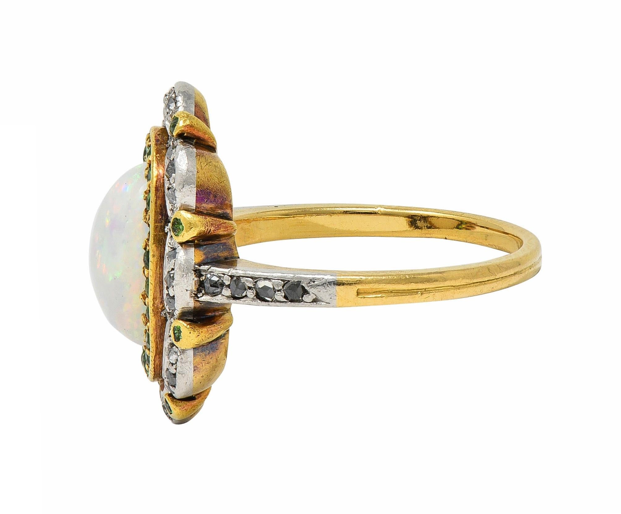 Edwardian Opal Diamond Demantoid Garnet Platinum 18 Karat Gold Antique Ring For Sale 2
