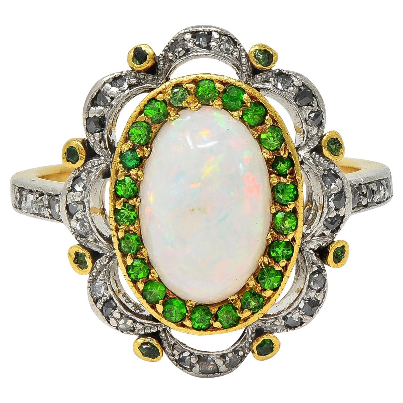 Antiker edwardianischer Opal Diamant Demantoid Granat Platin 18 Karat Gold Antiker Ring im Angebot