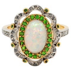 Edwardian Opal Diamond Demantoid Garnet Platinum 18K Gold Antique Cluster Ring