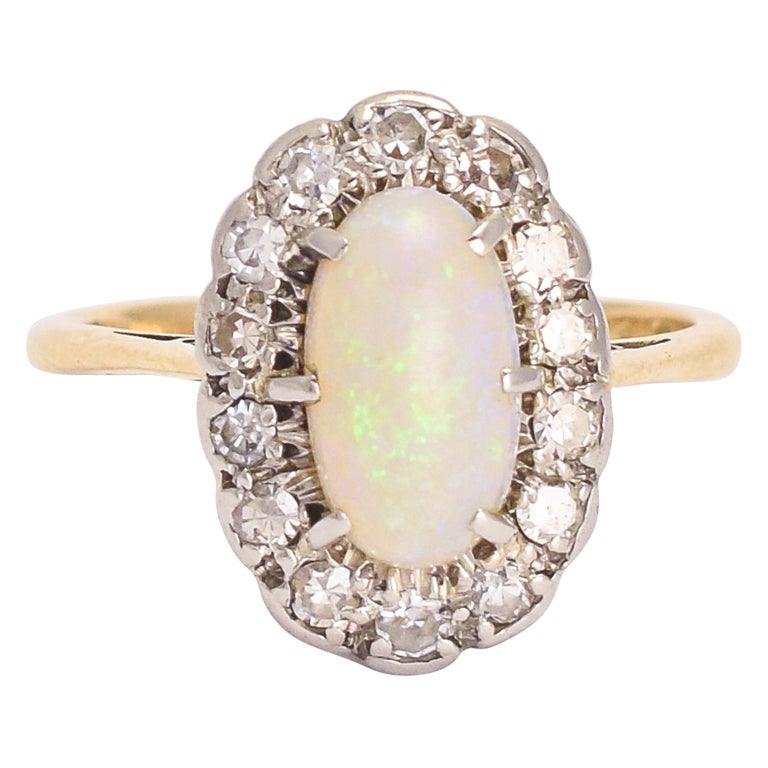 Edwardian Opal Diamond Oval Cluster Ring at 1stDibs