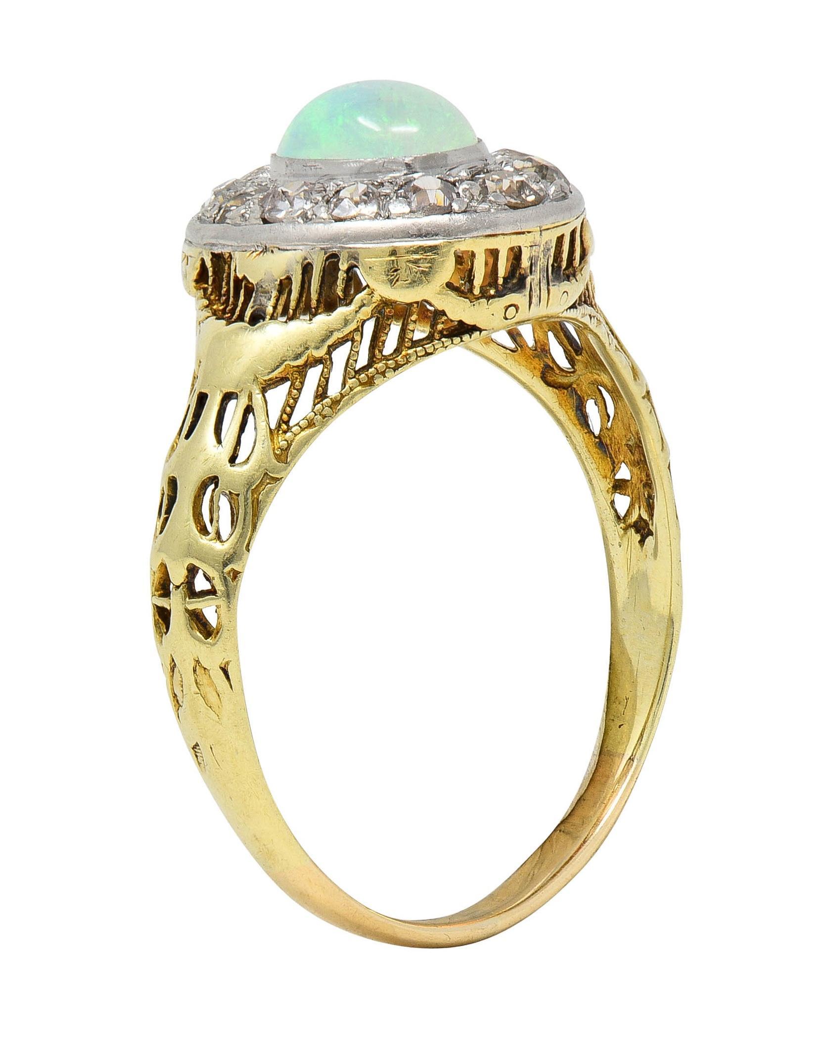 Edwardian Opal Diamond Platinum 14 Karat Gold Antique Garland Halo Ring For Sale 5