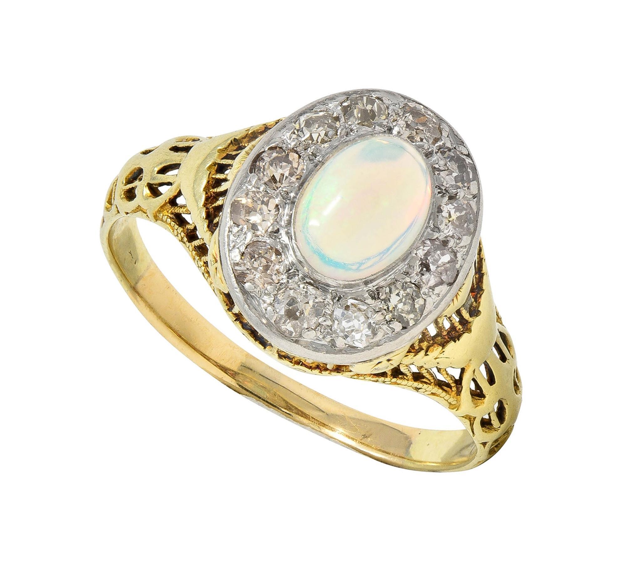 Edwardian Opal Diamond Platinum 14 Karat Gold Antique Garland Halo Ring For Sale 6