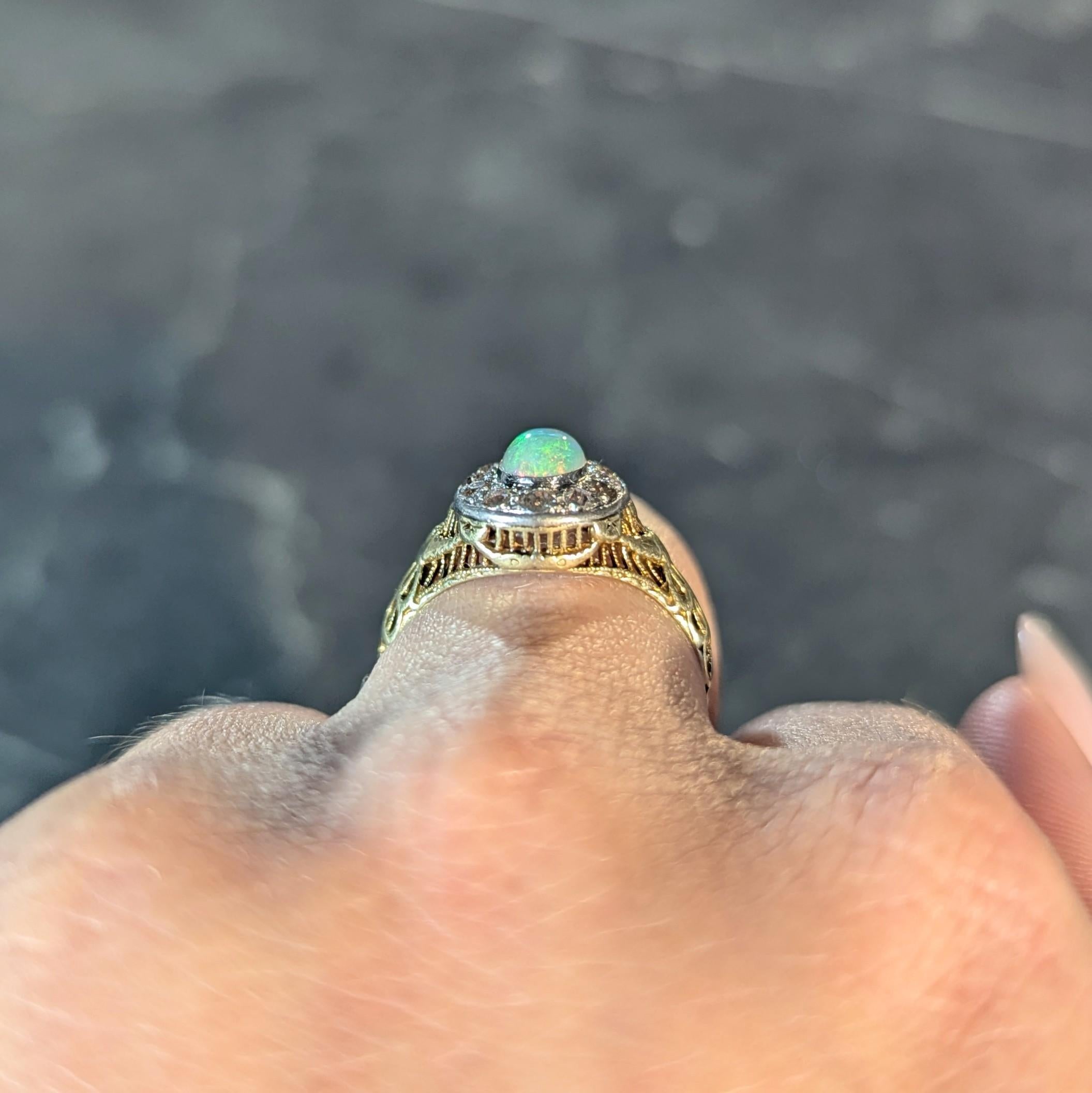Edwardian Opal Diamond Platinum 14 Karat Gold Antique Garland Halo Ring For Sale 7