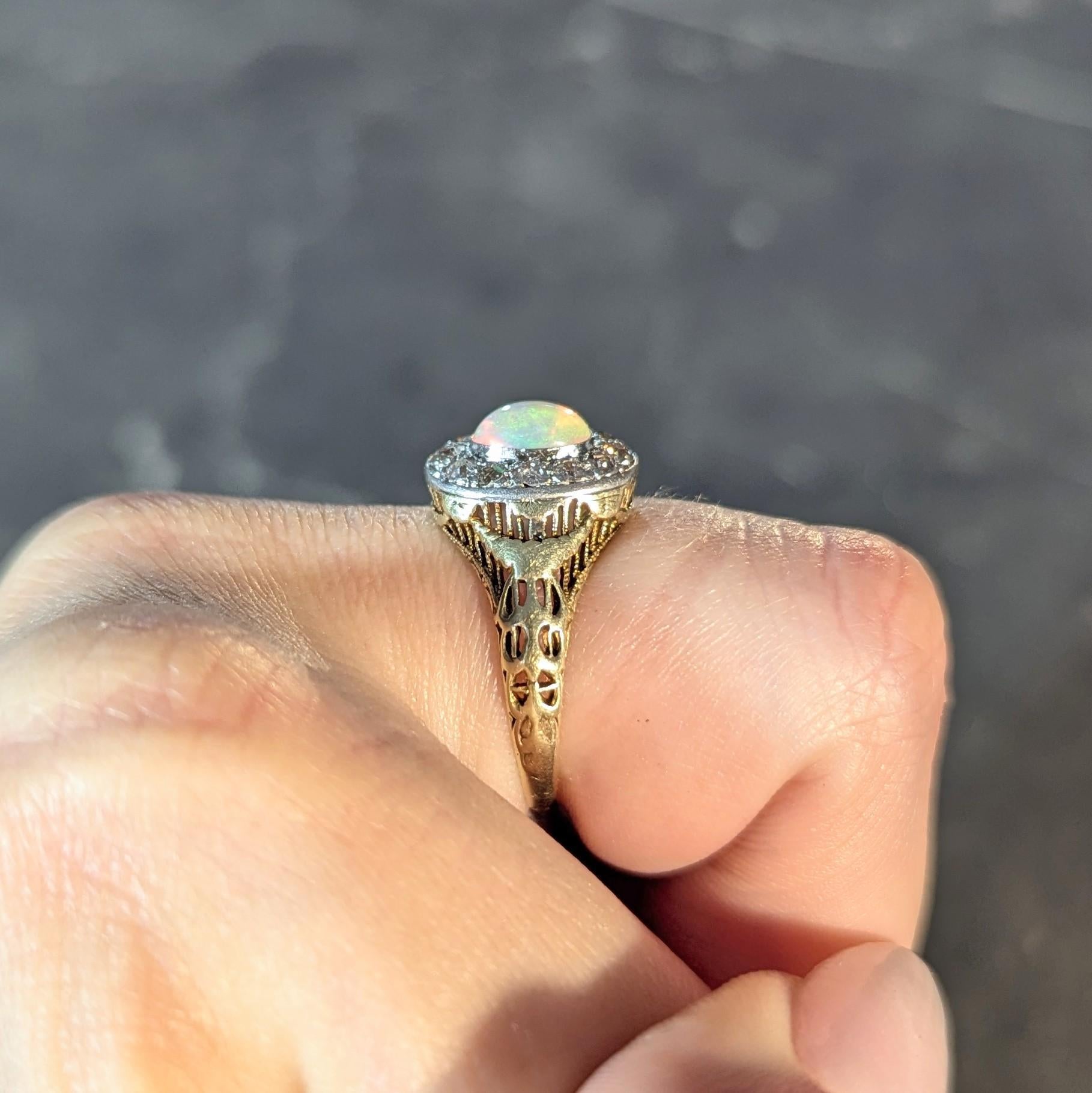 Edwardian Opal Diamond Platinum 14 Karat Gold Antique Garland Halo Ring For Sale 8
