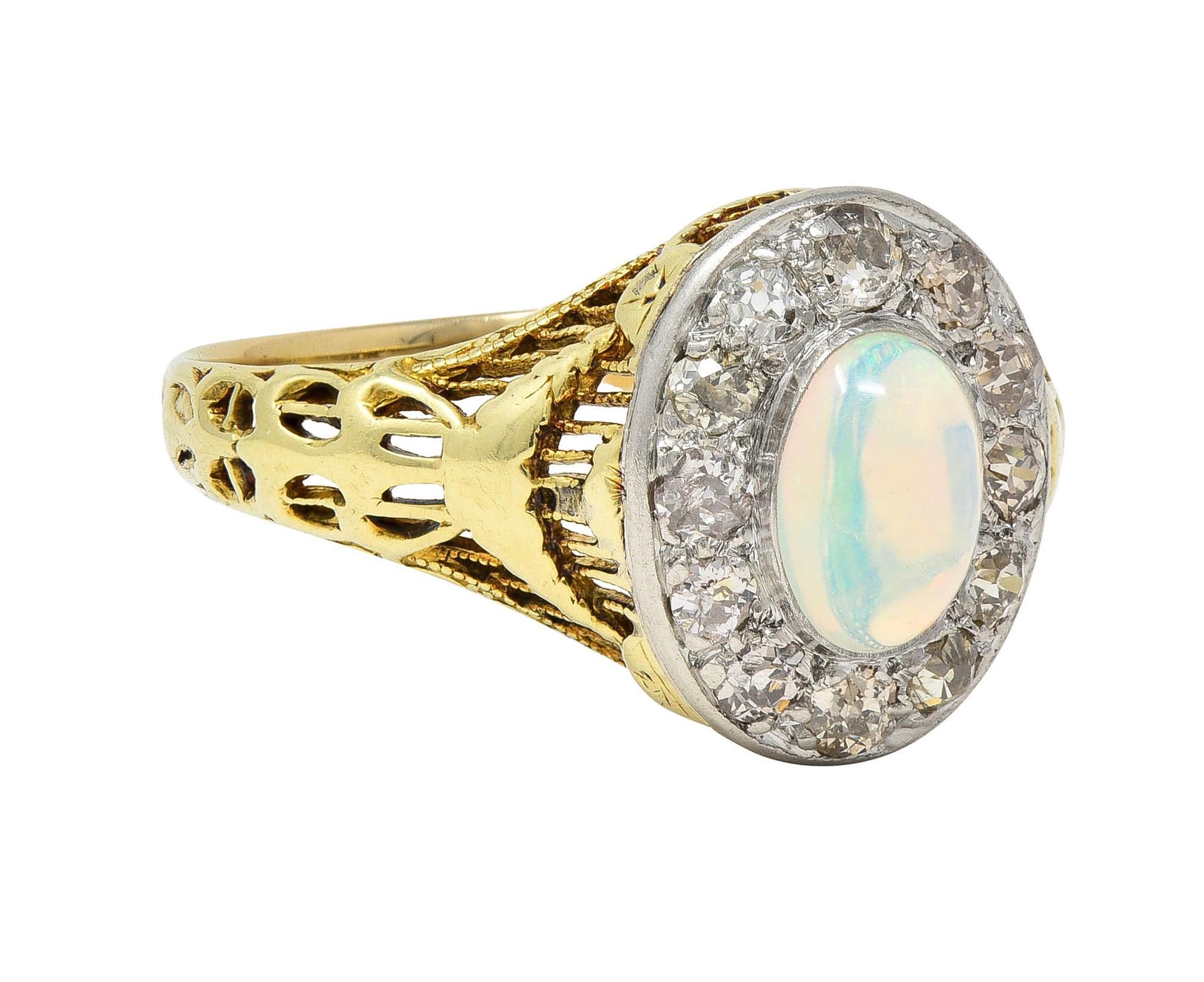 Cabochon Edwardian Opal Diamond Platinum 14 Karat Gold Antique Garland Halo Ring For Sale
