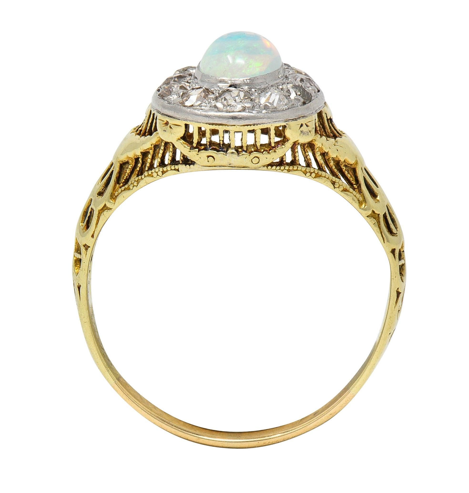 Edwardian Opal Diamond Platinum 14 Karat Gold Antique Garland Halo Ring In Excellent Condition For Sale In Philadelphia, PA