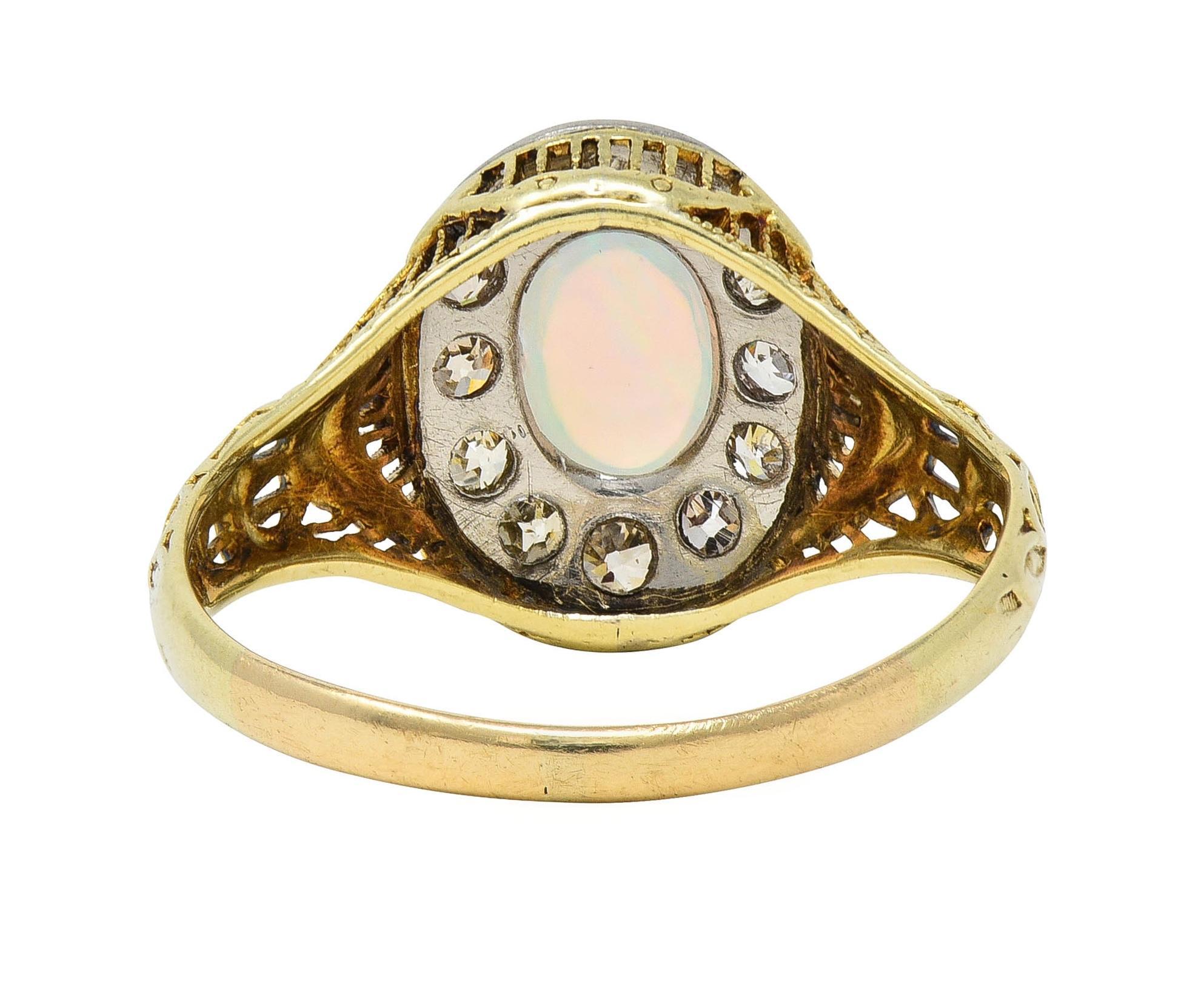 Edwardian Opal Diamond Platinum 14 Karat Gold Antique Garland Halo Ring For Sale 1