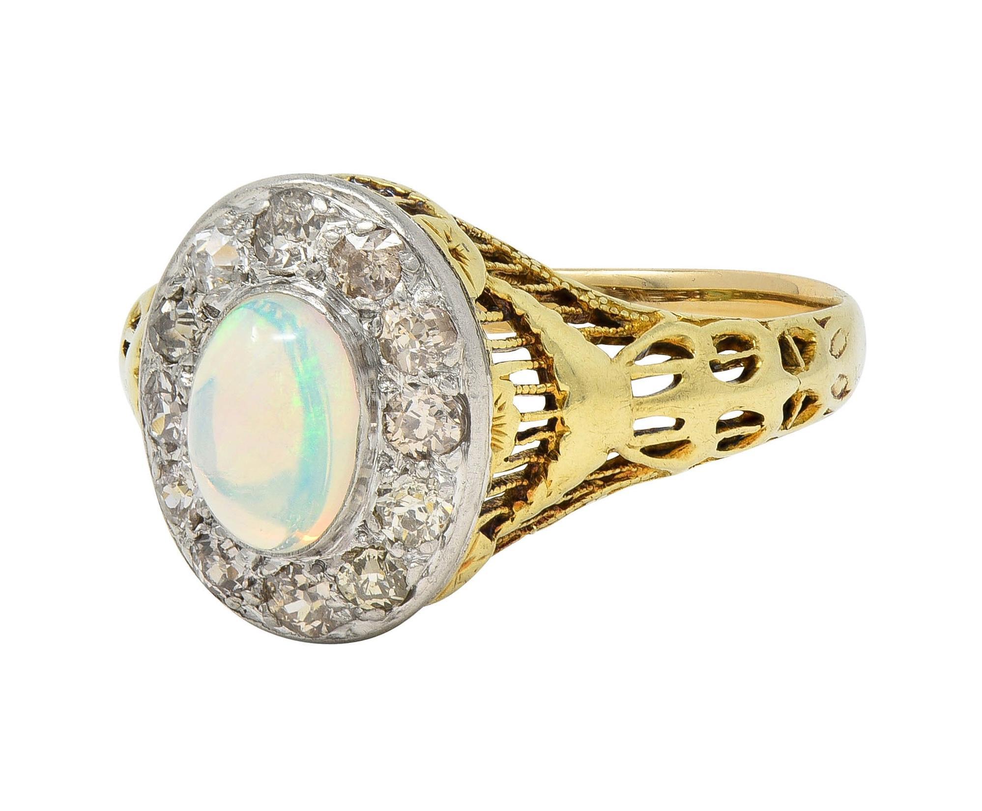 Edwardian Opal Diamond Platinum 14 Karat Gold Antique Garland Halo Ring For Sale 3