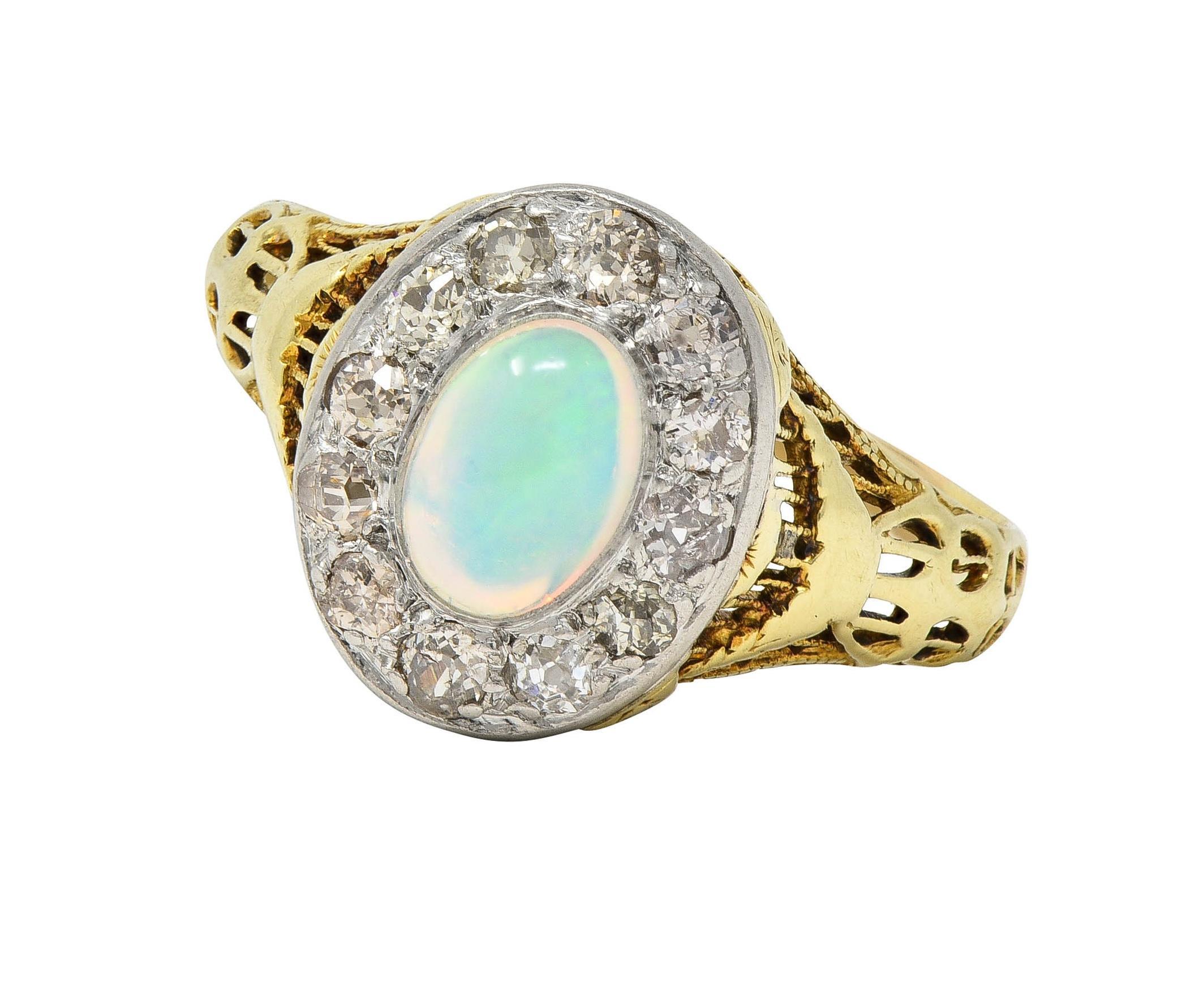 Edwardian Opal Diamond Platinum 14 Karat Gold Antique Garland Halo Ring For Sale 4