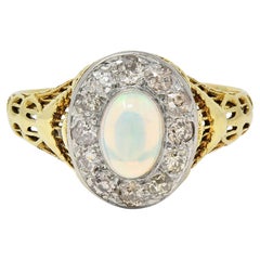 Antiker edwardianischer Opal Diamant Platin 14 Karat Gold Antiker Garland Halo Ring