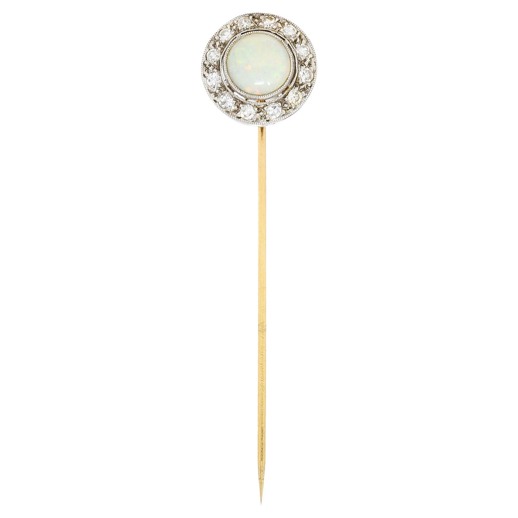 Edwardian Opal Diamond Platinum 14 Karat Gold Stickpin