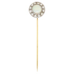 Edwardian Opal Diamond Platinum 14 Karat Gold Stickpin